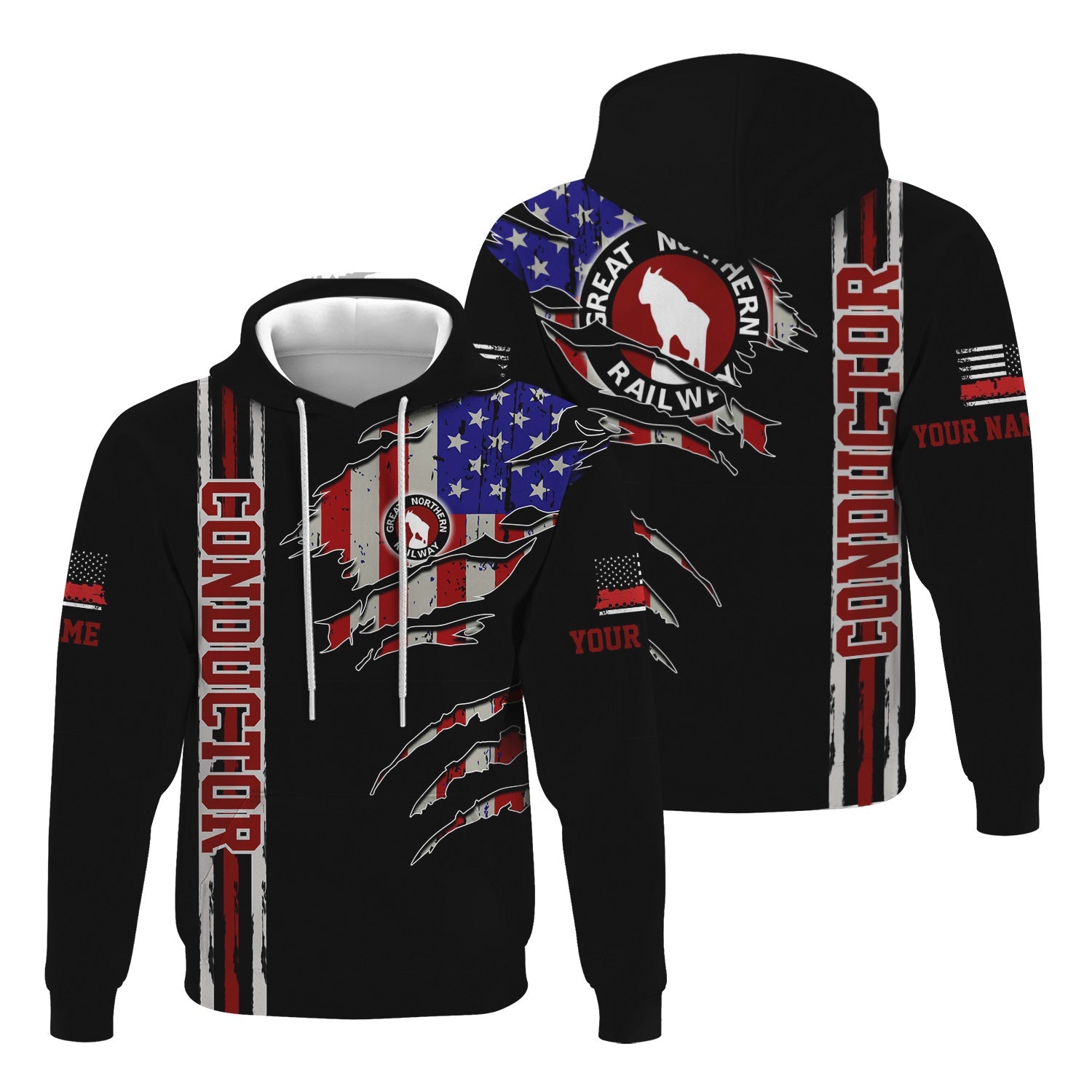 Railspirit Personalized Great Northern Railway Hoodie USA Flag Claw Art with Custom Job GNR Train Zip Up Hoodie