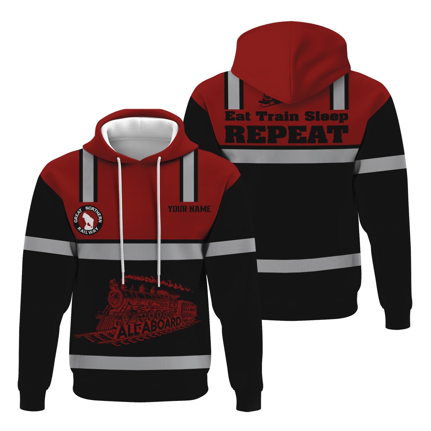 Railspirit Custom Name Great Northern Railway Hoodie Eat Train Sleep Repeat GNR Printed Train Zip Hoodie