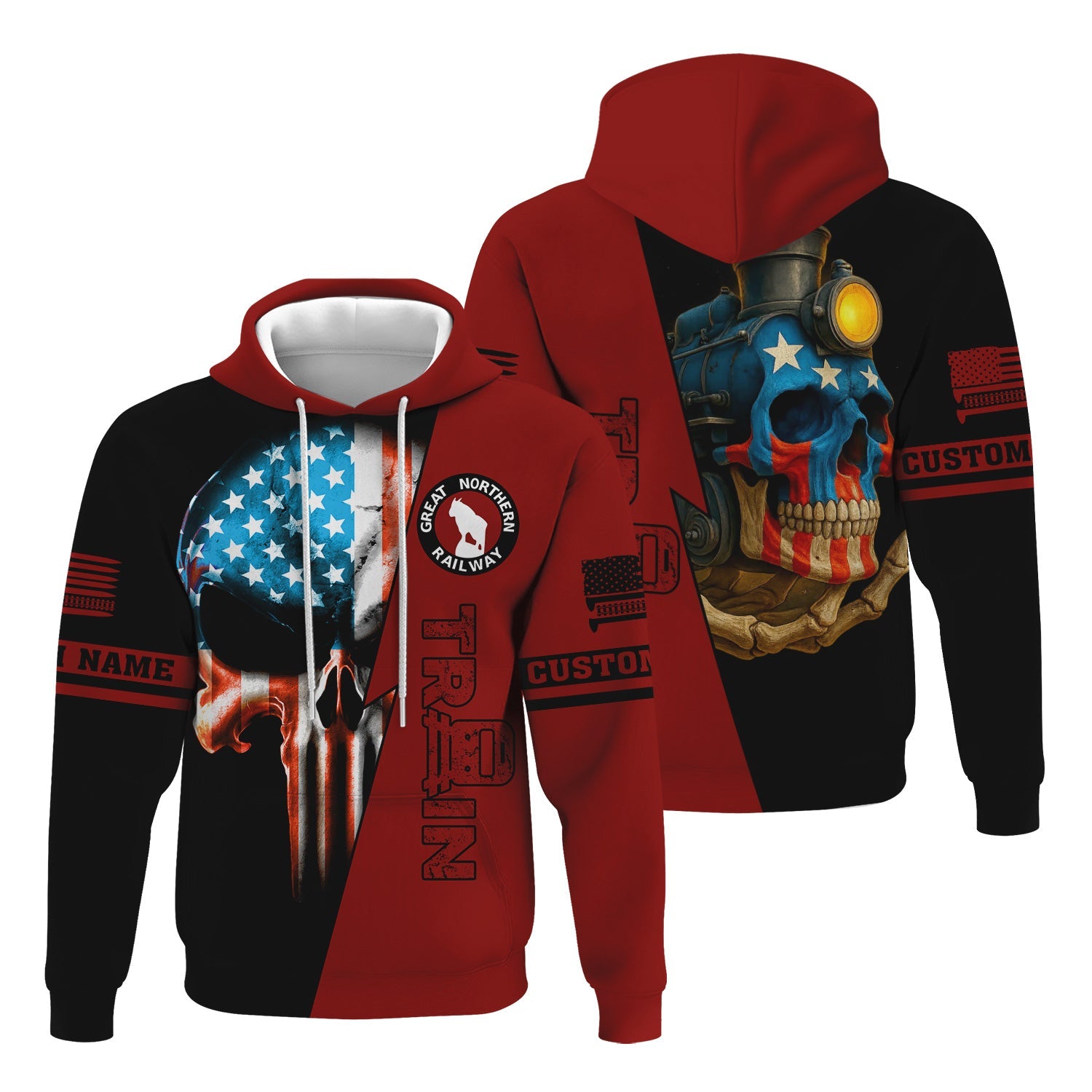 Railspirit Personalized Great Northern Railway Hoodie Train Skull American Flag GNR Zip Up Hoodie All Over Print