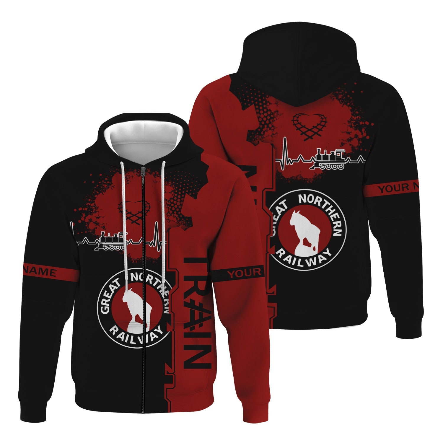 Railspirit Personalized Great Northern Railway Hoodie Engine Heartbeat and Track Love Style GNR Zip Up Hoodie Gift Idea For Train Lovers