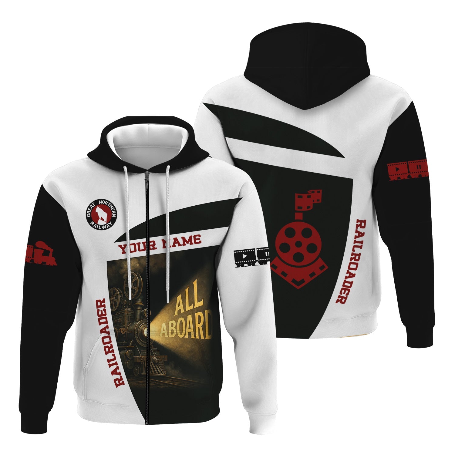 Railspirit Personalized Great Northern Railway Hoodie All Aboard Steam Train Movie Projector Style GNR Zip Up Hoodie