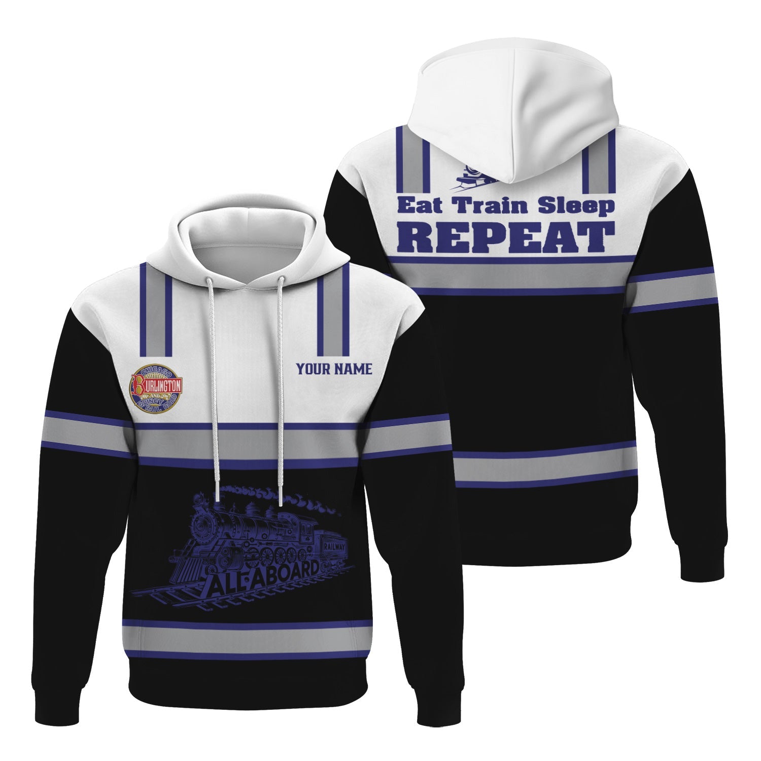 Railspirit Custom Name Chicago, Burlington and Quincy Railroad Hoodie Eat Train Sleep Repeat Printed Train Zip Hoodie