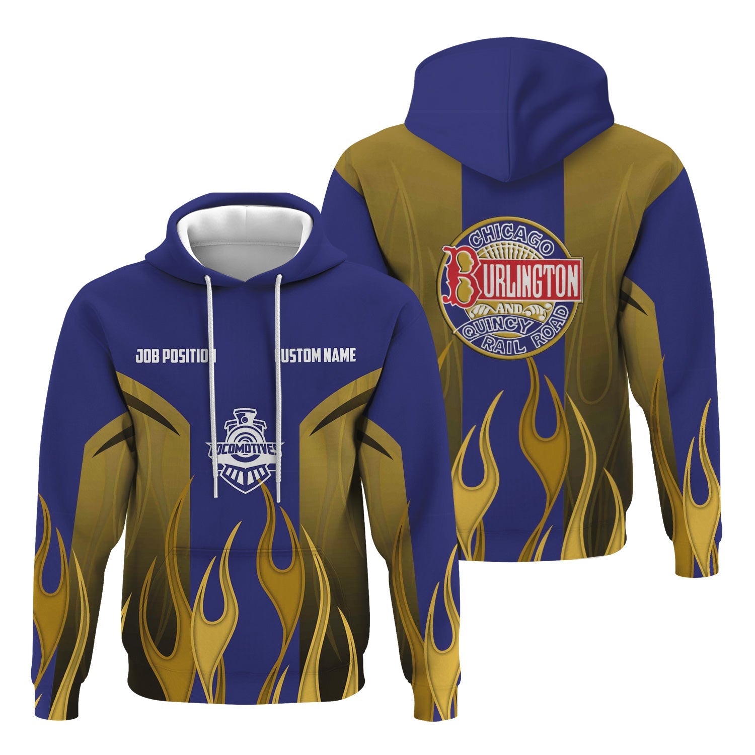 Railspirit Custom Name and Job Title Chicago, Burlington and Quincy Railroad Hoodie Flame Graphic Train Zip Up Hoodie 