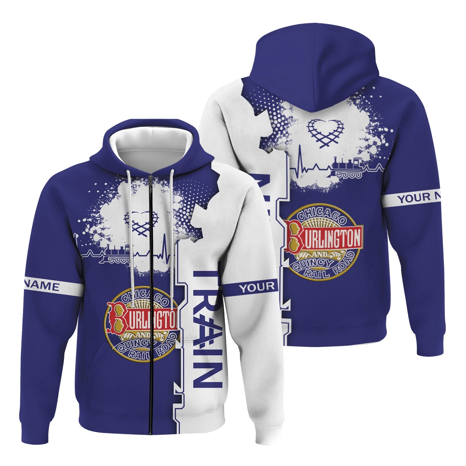 Railspirit Personalized Chicago, Burlington and Quincy Railroad Hoodie Engine Heartbeat and Track Love Style Zip Up Hoodie Gift Idea For Train Lovers