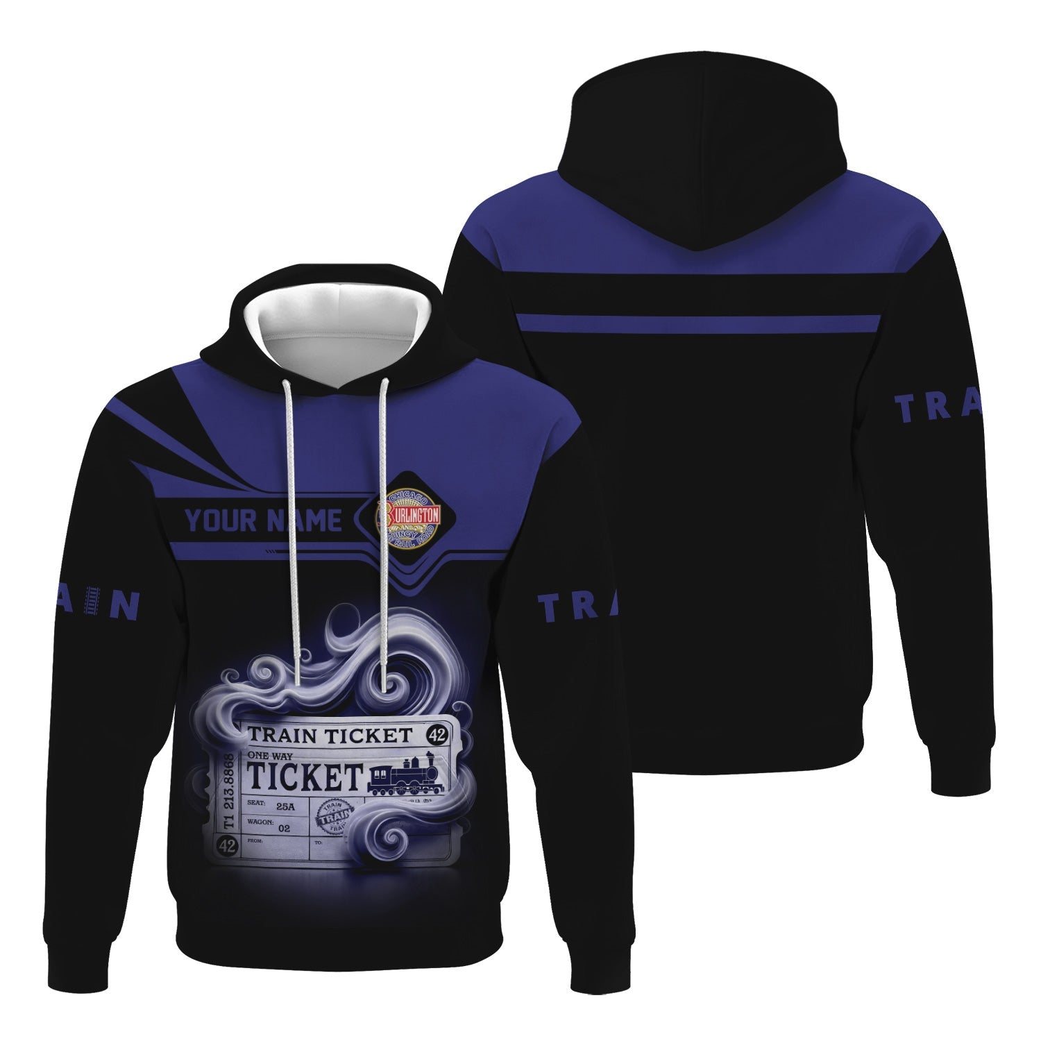 Railspirit Custom Name Chicago, Burlington and Quincy Railroad Hoodie American Train Ticket Printed Zip Hoodie