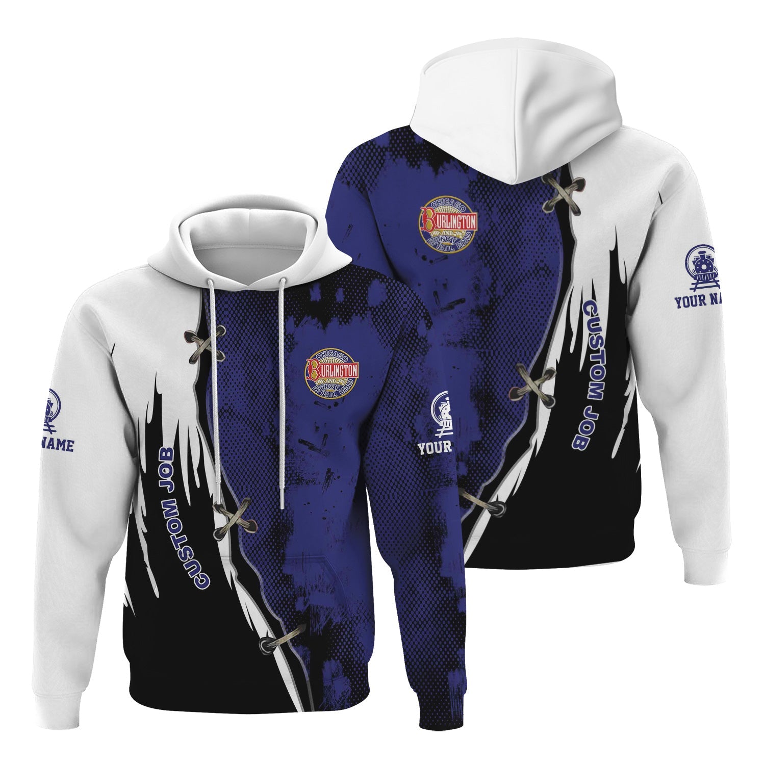 Railspirit Personalized Chicago, Burlington and Quincy Railroad Hoodie Retro Stitches Design with Custom Position Train Zip Up Hoodie