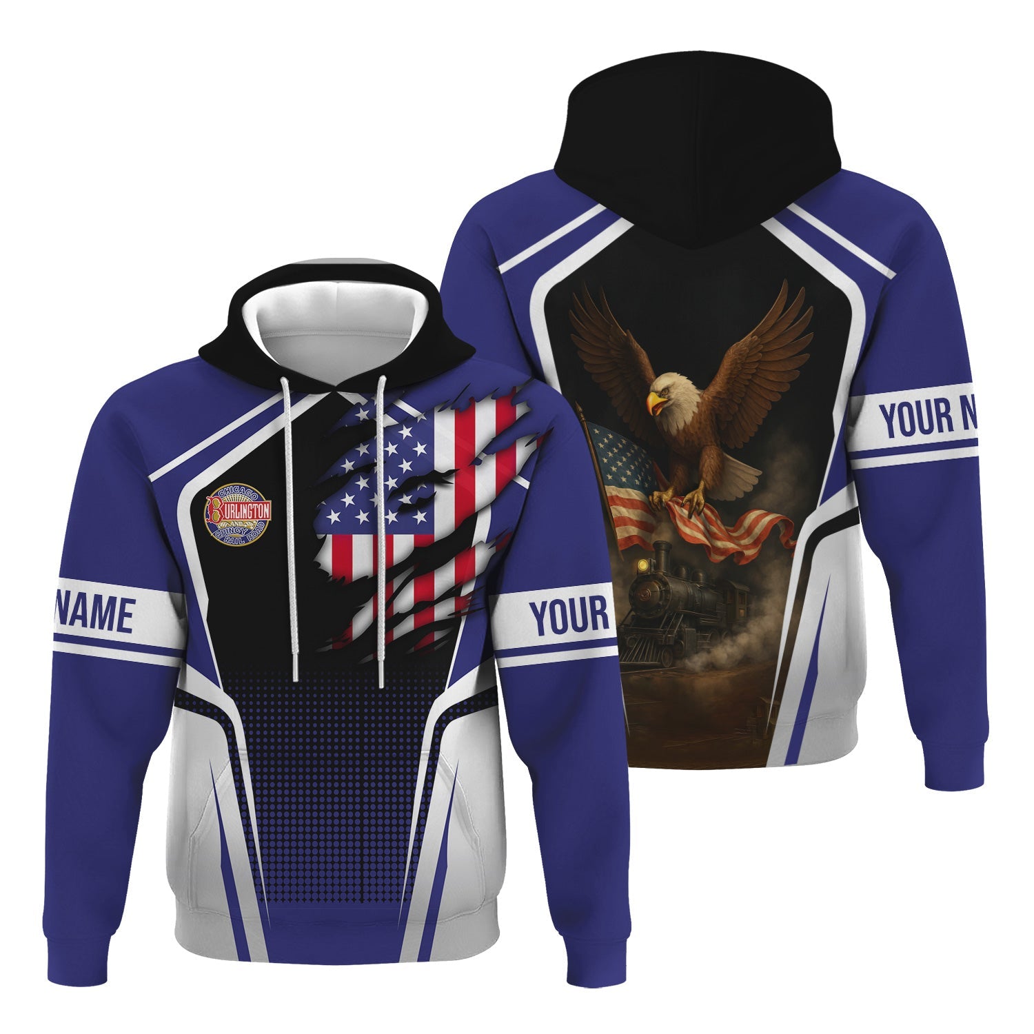 Railspirit Personalized Chicago, Burlington and Quincy Railroad Hoodie American Eagle Vintage Train Zip Up Hoodie