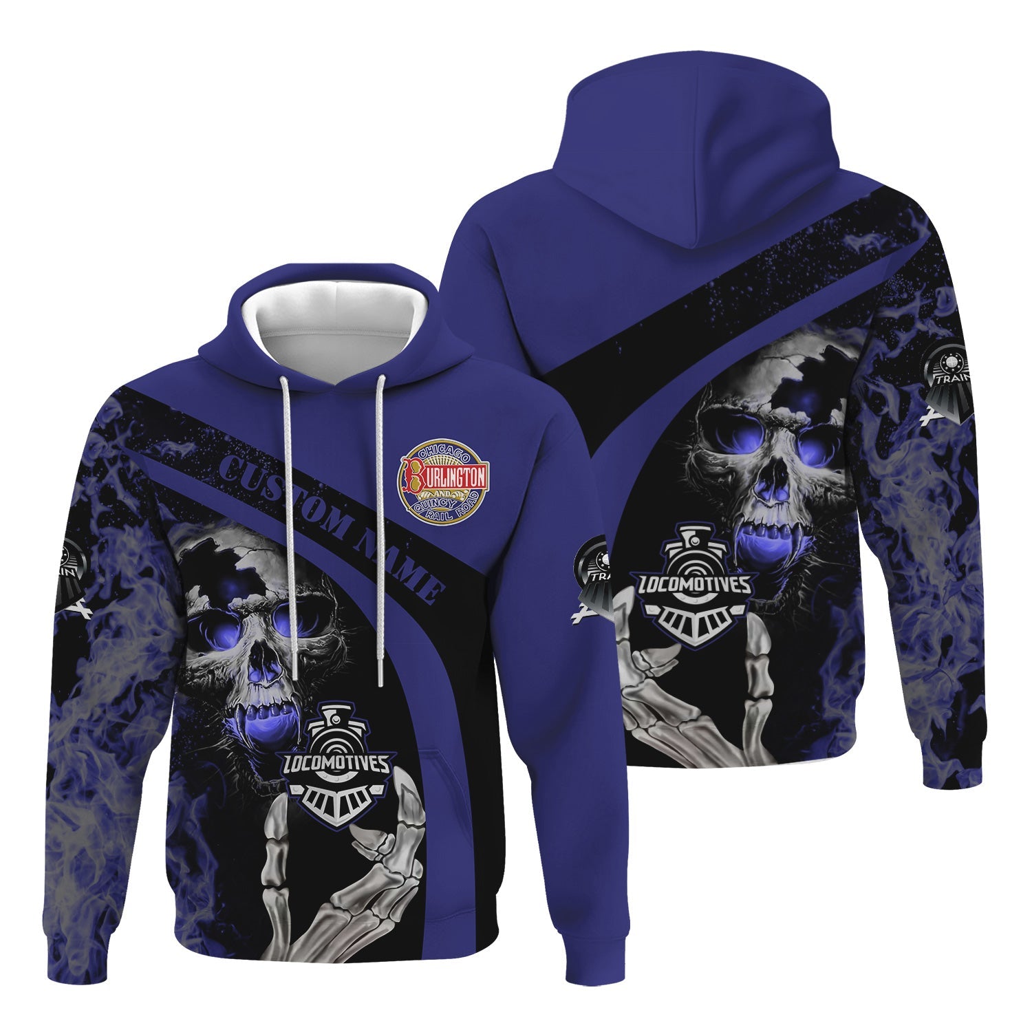 Railspirit Personalized Chicago, Burlington and Quincy Railroad Hoodie Flame Skull Design Train Zip Up Hoodie for Locomotive Fans