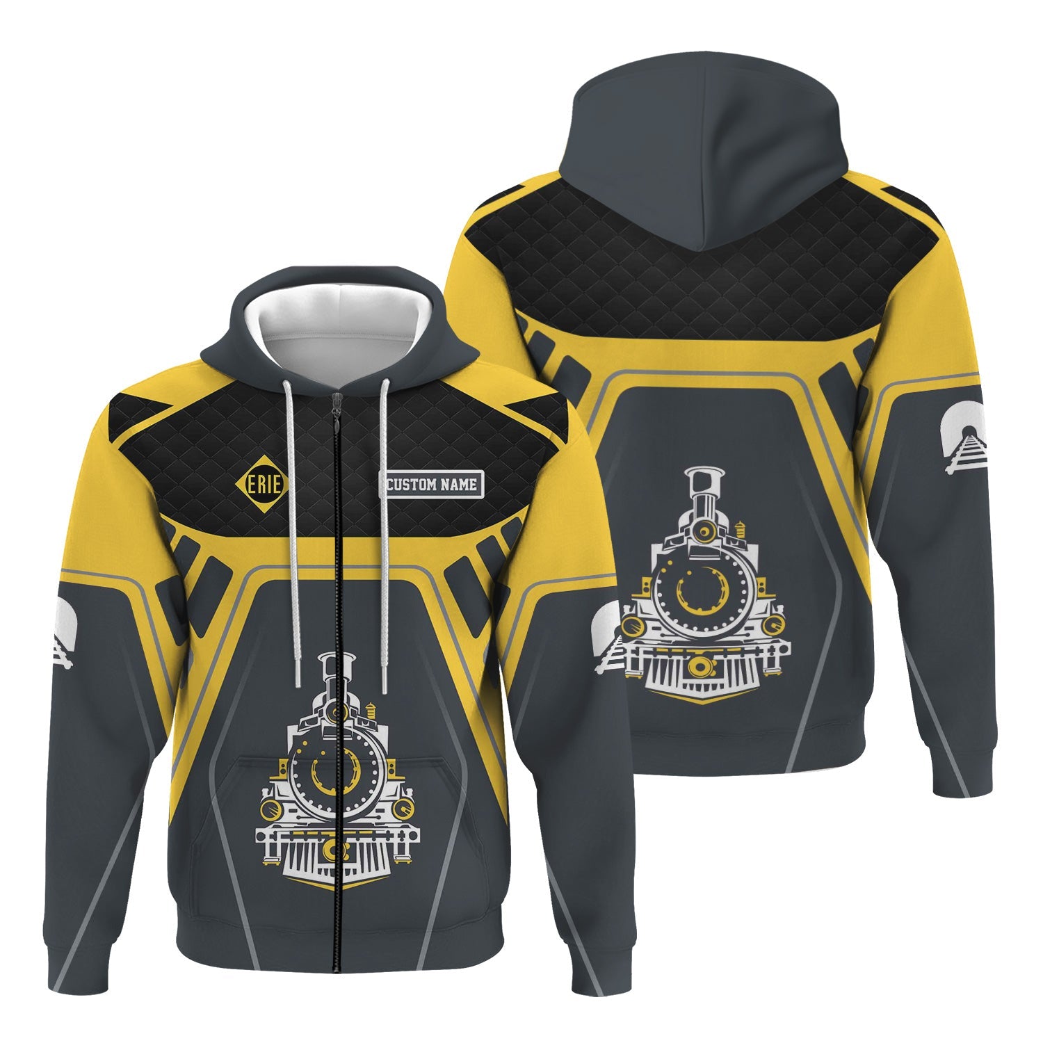 Railspirit Personalized Erie Railroad Hoodie Steam Locomotive Engine Graphic Train Zip Up Hoodie All Over Print