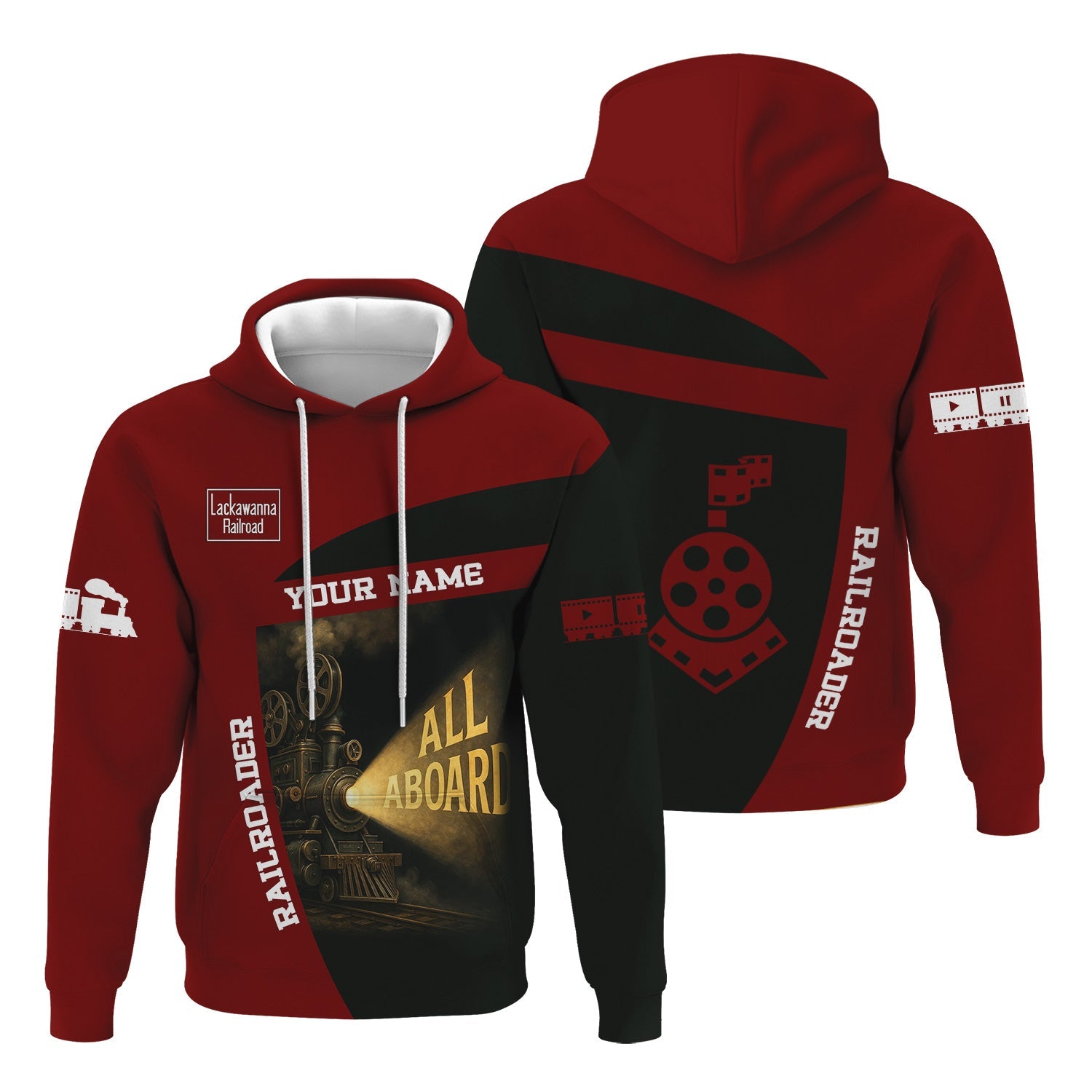 Railspirit Personalized Delaware, Lackawanna and Western Railroad Hoodie All Aboard Steam Train Movie Projector Style DL&W Zip Up Hoodie