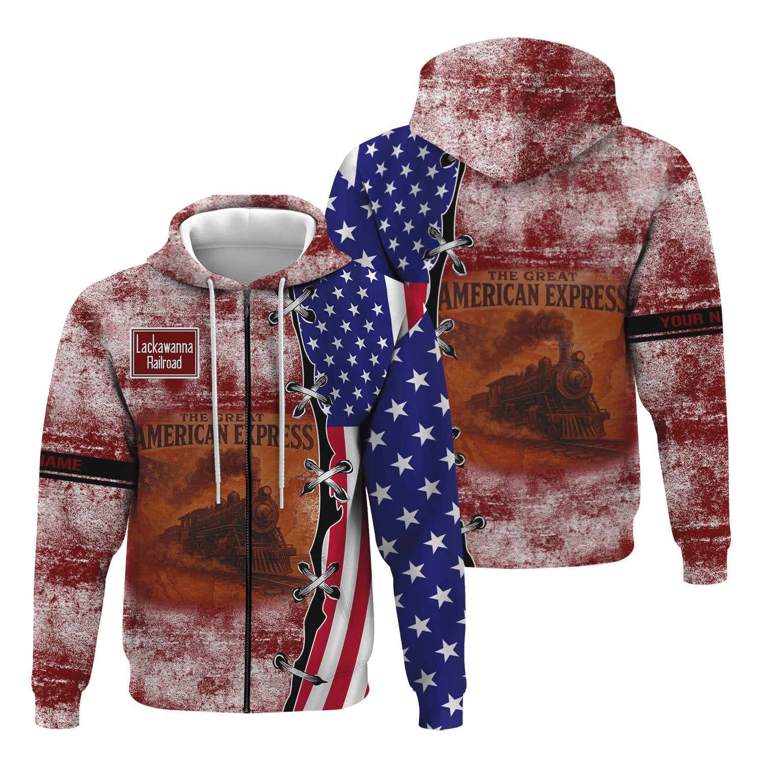 Railspirit Personalized Delaware, Lackawanna and Western Railroad Hoodie Retro American Express Train With USA Flag DL&W Zip Up Hoodie