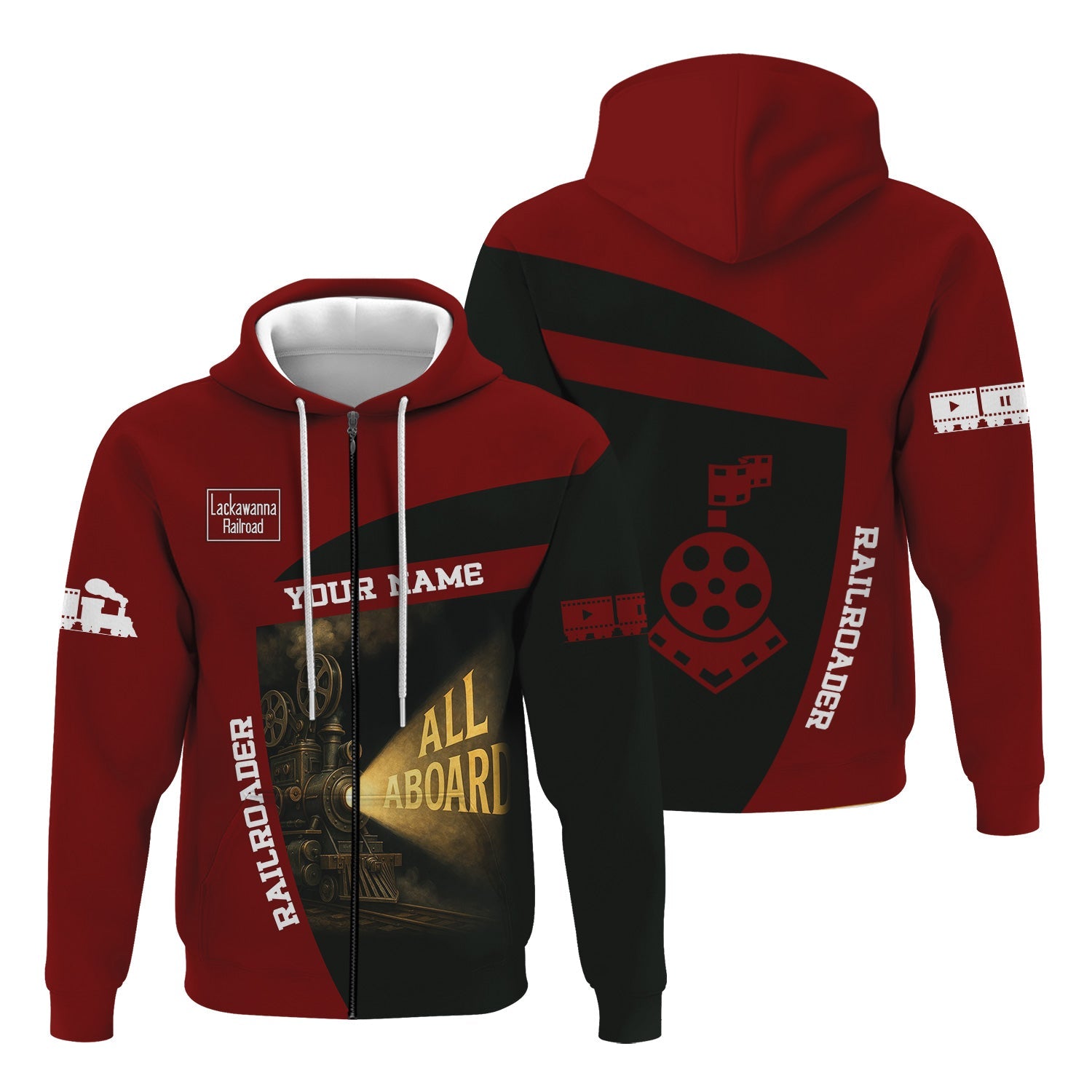 Railspirit Personalized Delaware, Lackawanna and Western Railroad Hoodie All Aboard Steam Train Movie Projector Style DL&W Zip Up Hoodie