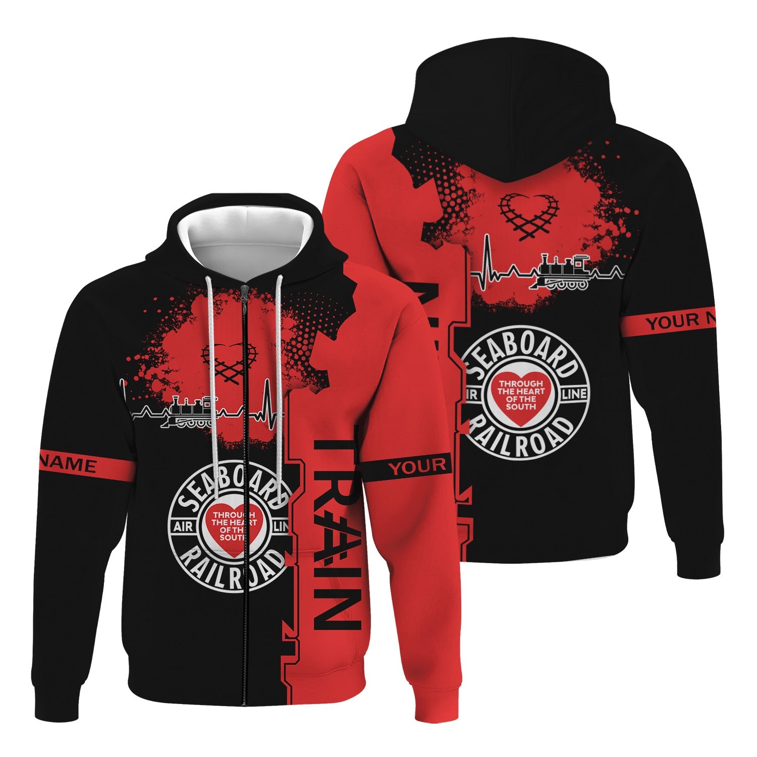 Railspirit Personalized Seaboard Air Line Railroad Hoodie Engine Heartbeat and Track Love Style Zip Up Hoodie Gift Idea For Train Lovers