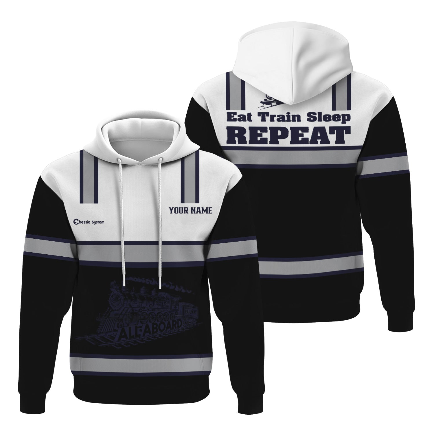 Railspirit Custom Name Chessie System Railroad Hoodie Eat Train Sleep Repeat Printed Train Zip Hoodie