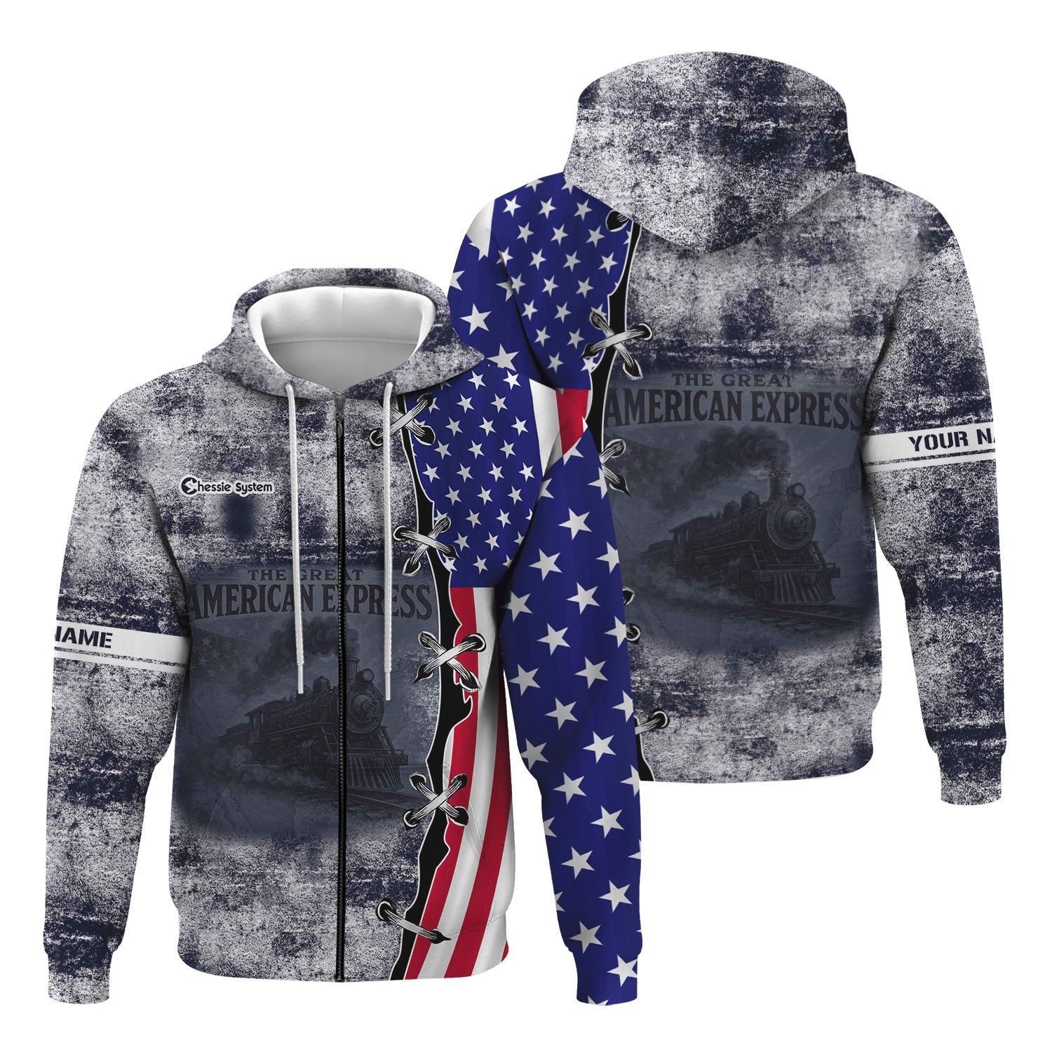 Railspirit Personalized Chessie System Railroad Hoodie Retro American Express Train With USA Flag Zip Up Hoodie