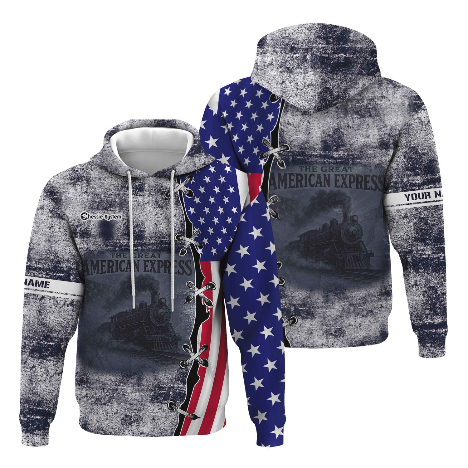Railspirit Personalized Chessie System Railroad Hoodie Retro American Express Train With USA Flag Zip Up Hoodie