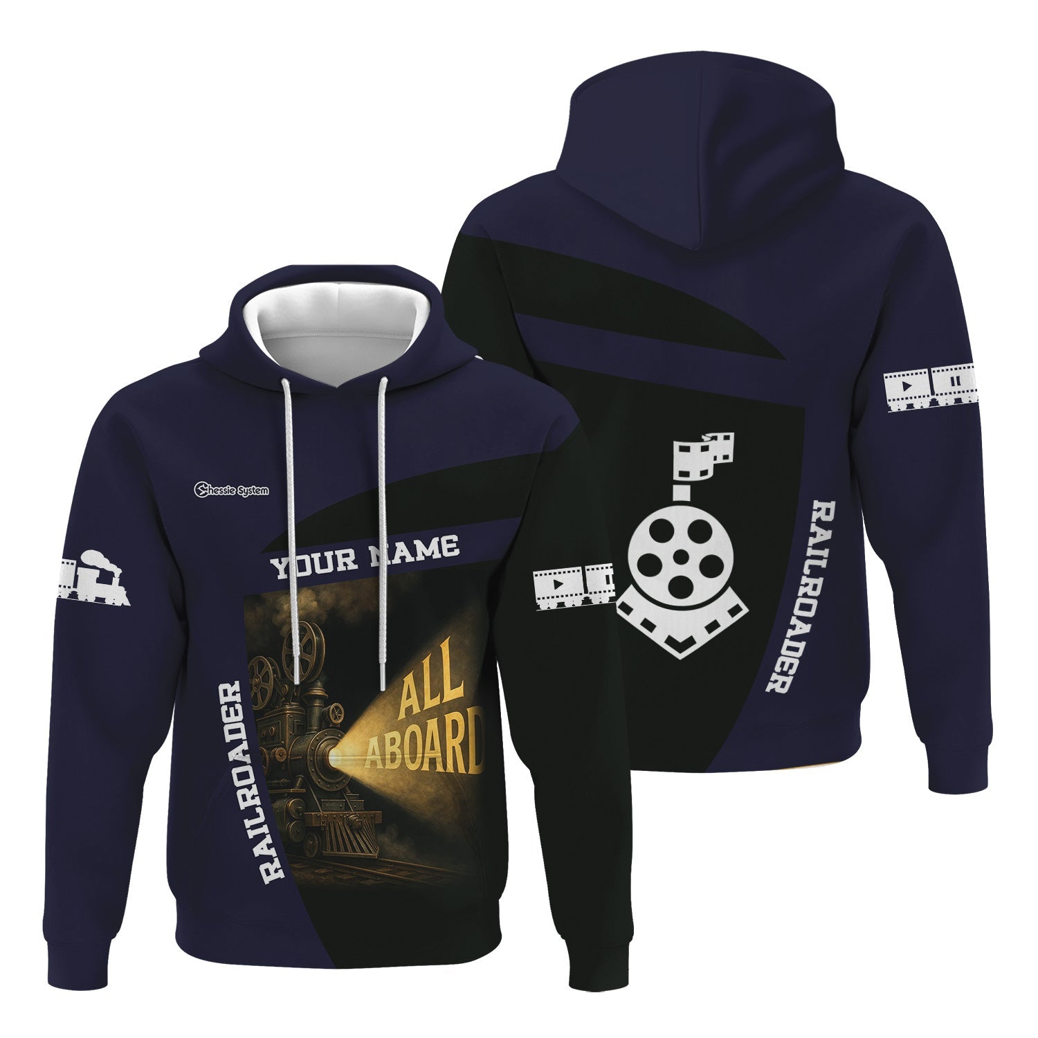 Railspirit Personalized Chessie System Railroad Hoodie All Aboard Steam Train Movie Projector Style Zip Up Hoodie