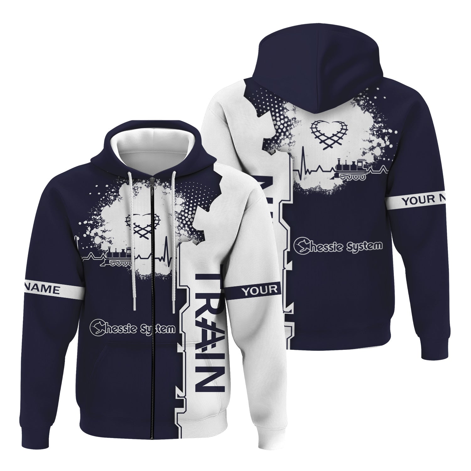 Railspirit Personalized Chessie System Railroad Hoodie Engine Heartbeat and Track Love Style Zip Up Hoodie Gift Idea For Train Lovers