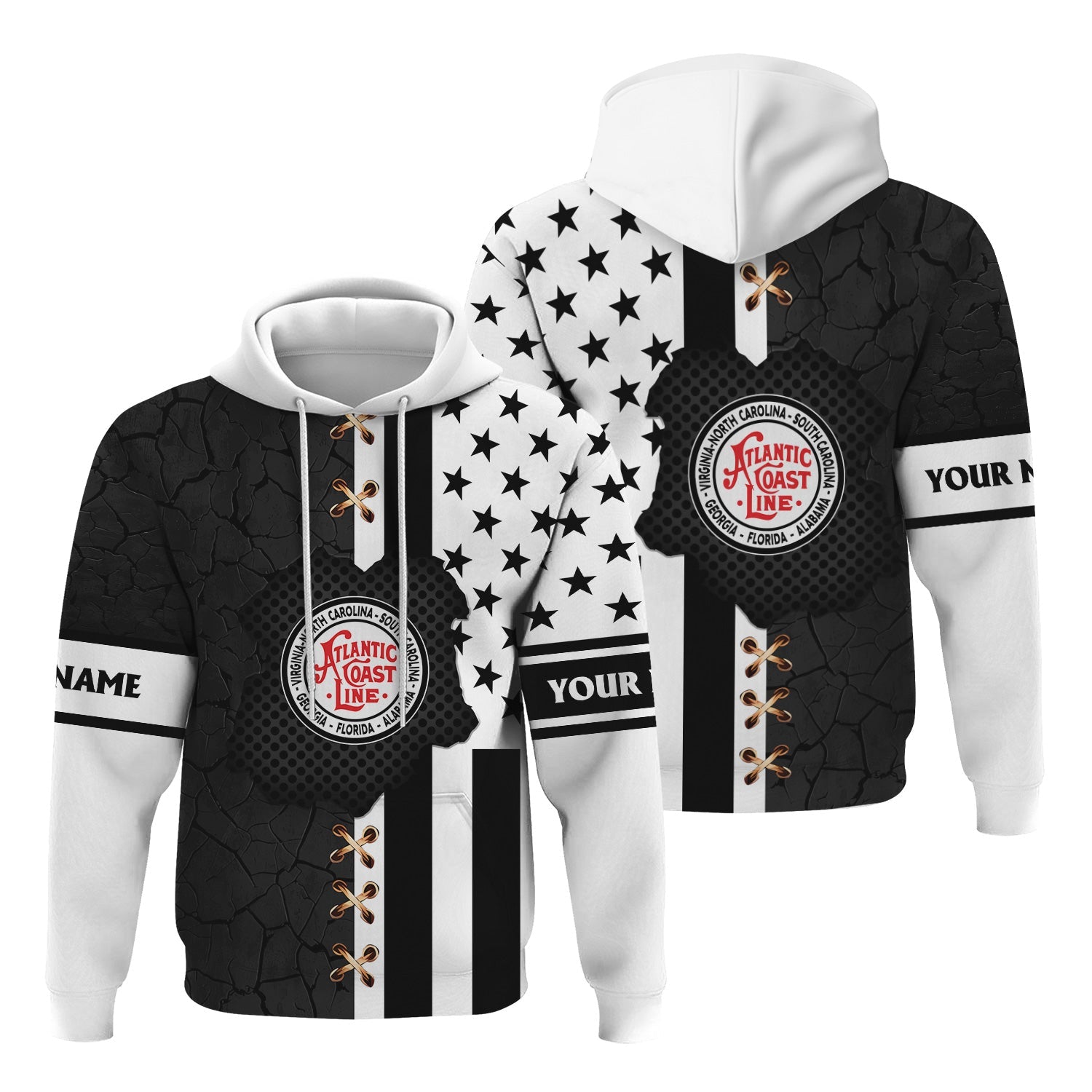 Railspirit Personalized Atlantic Coast Line Railroad Hoodie American Flag with Crack Effect Train Zip Up Hoodie