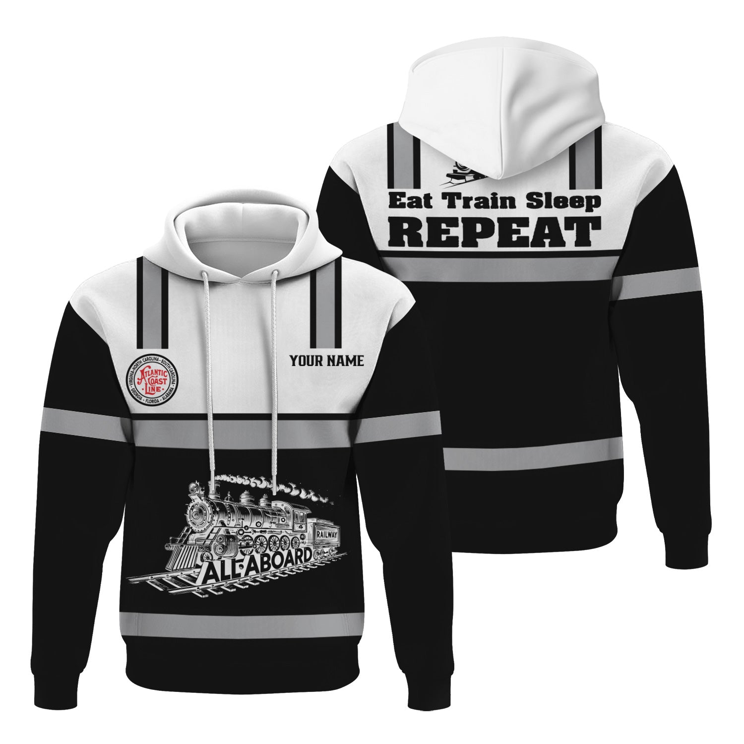 Railspirit Custom Name Atlantic Coast Line Railroad Hoodie Eat Train Sleep Repeat Printed Train Zip Hoodie
