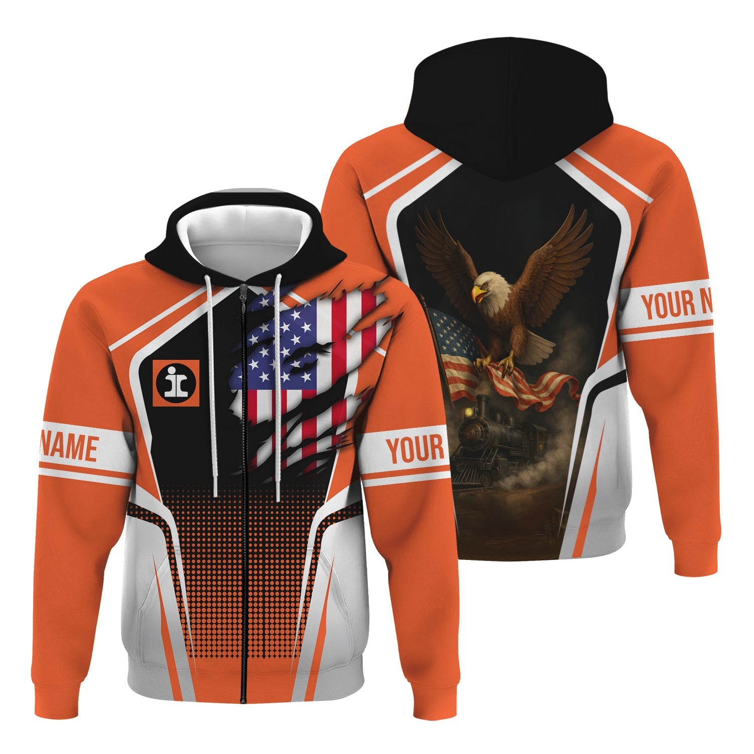 Railspirit Personalized Illinois Central Railroad Hoodie American Eagle Vintage Train Zip Up Hoodie