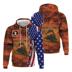Railspirit Personalized Illinois Central Railroad Hoodie Retro American Express Train With USA Flag Zip Up Hoodie