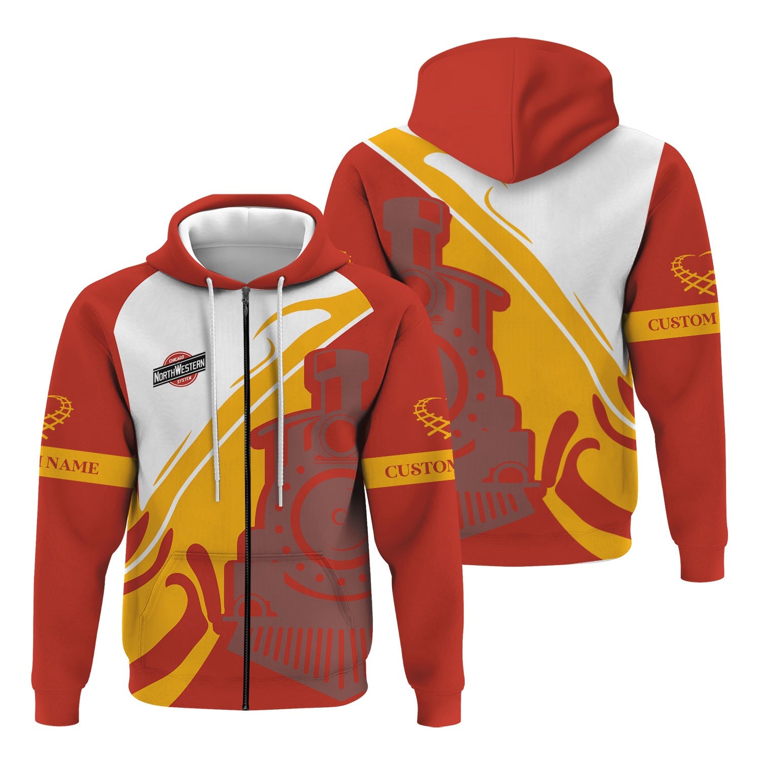 Railspirit Personalized Chicago and North Western Railway Hoodie Flame-Inspired Style Zip Up Hoodie Gift Idea For Train Lovers