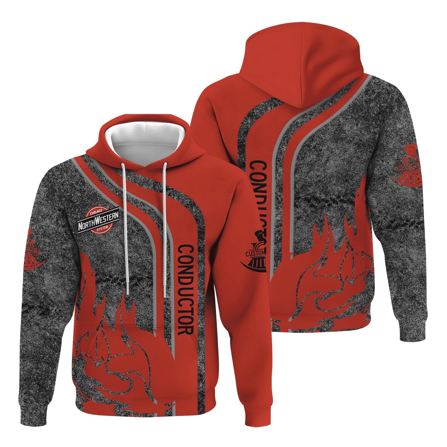 Railspirit Personalized Chicago and North Western Railway Hoodie Flame Design with Custom Job Position Train Zip Up Hoodie