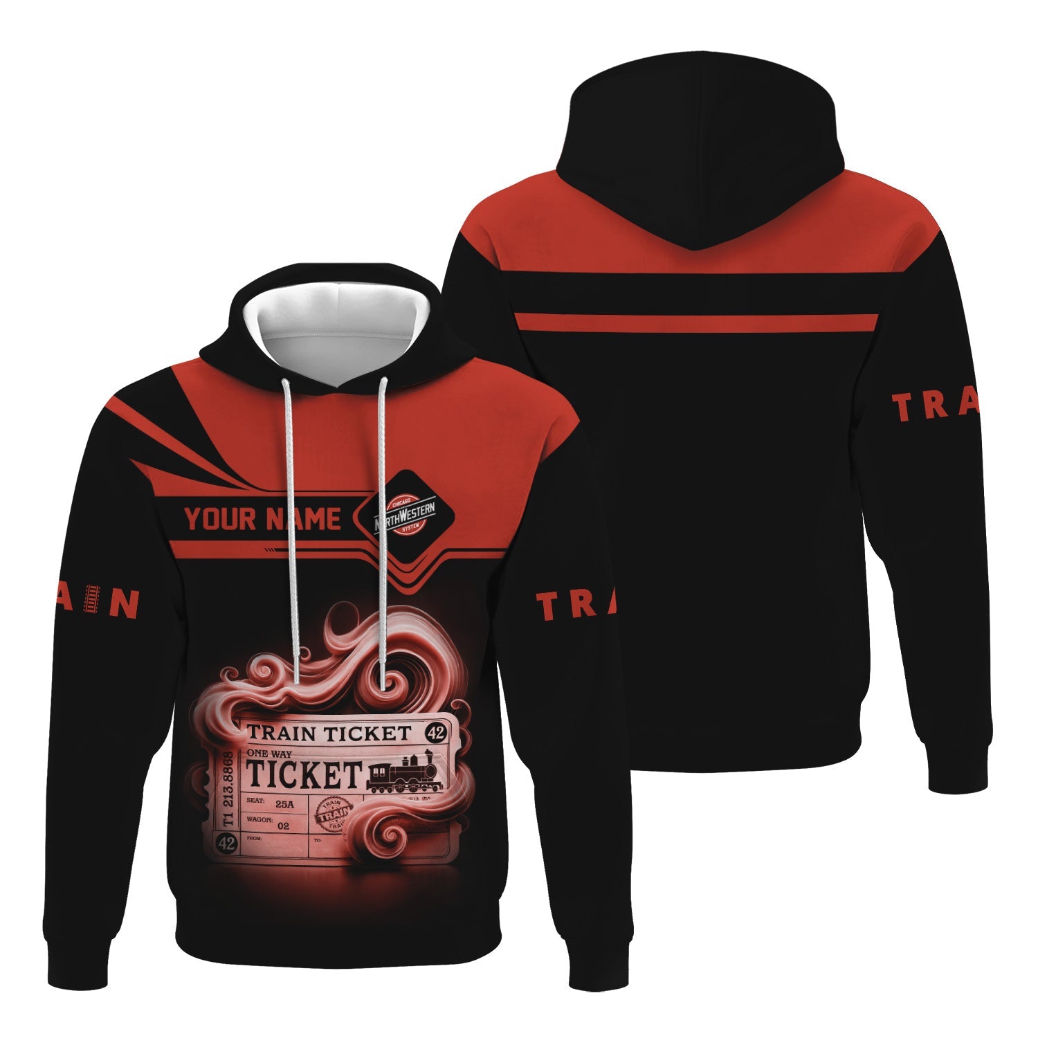 Railspirit Custom Name Chicago and North Western Railway Hoodie American Train Ticket Printed Zip Hoodie