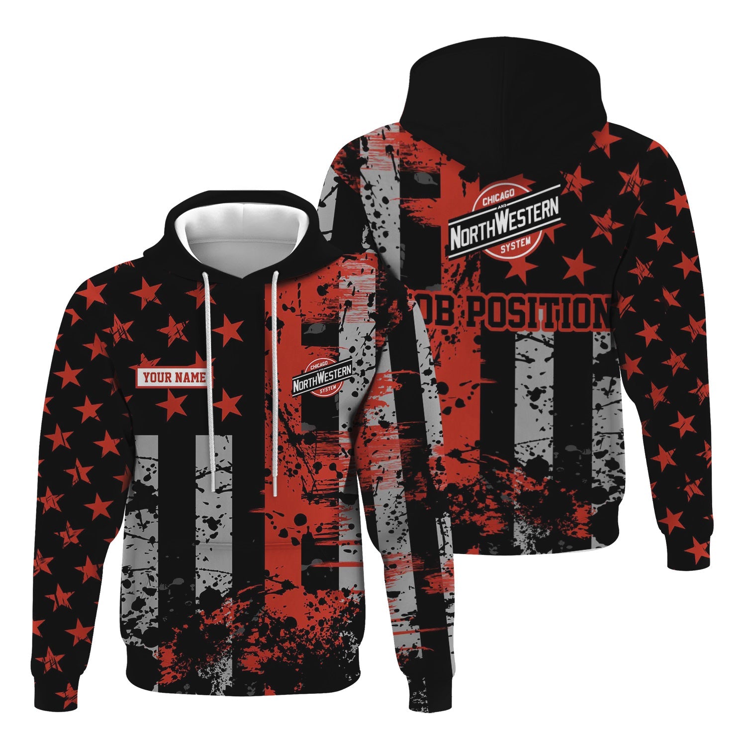 Railspirit Personalized Chicago and North Western Railway Hoodie Artistic Paint American Flag Style Train Zip Up Hoodie