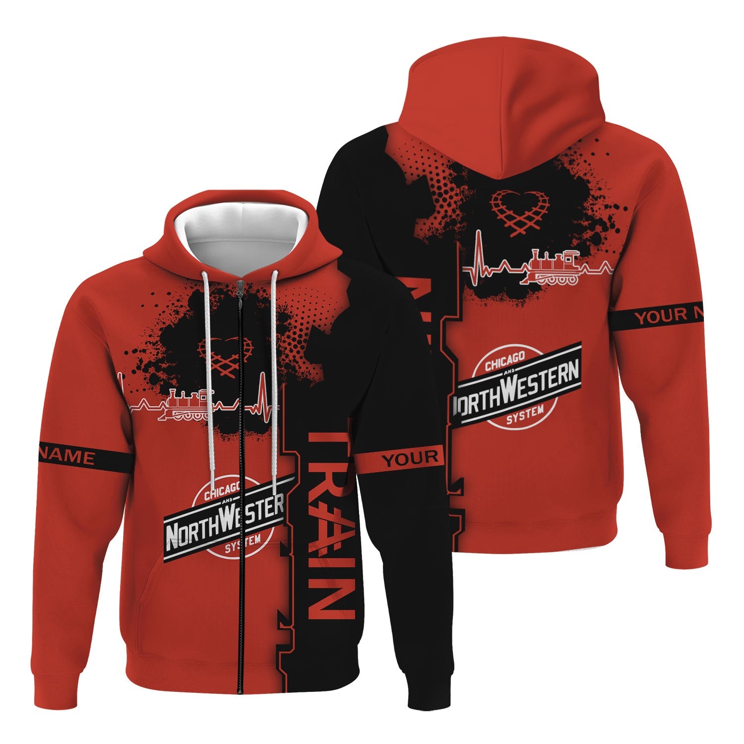 Railspirit Personalized Chicago and North Western Railway Hoodie Engine Heartbeat and Track Love Style Zip Up Hoodie Gift Idea For Train Lovers