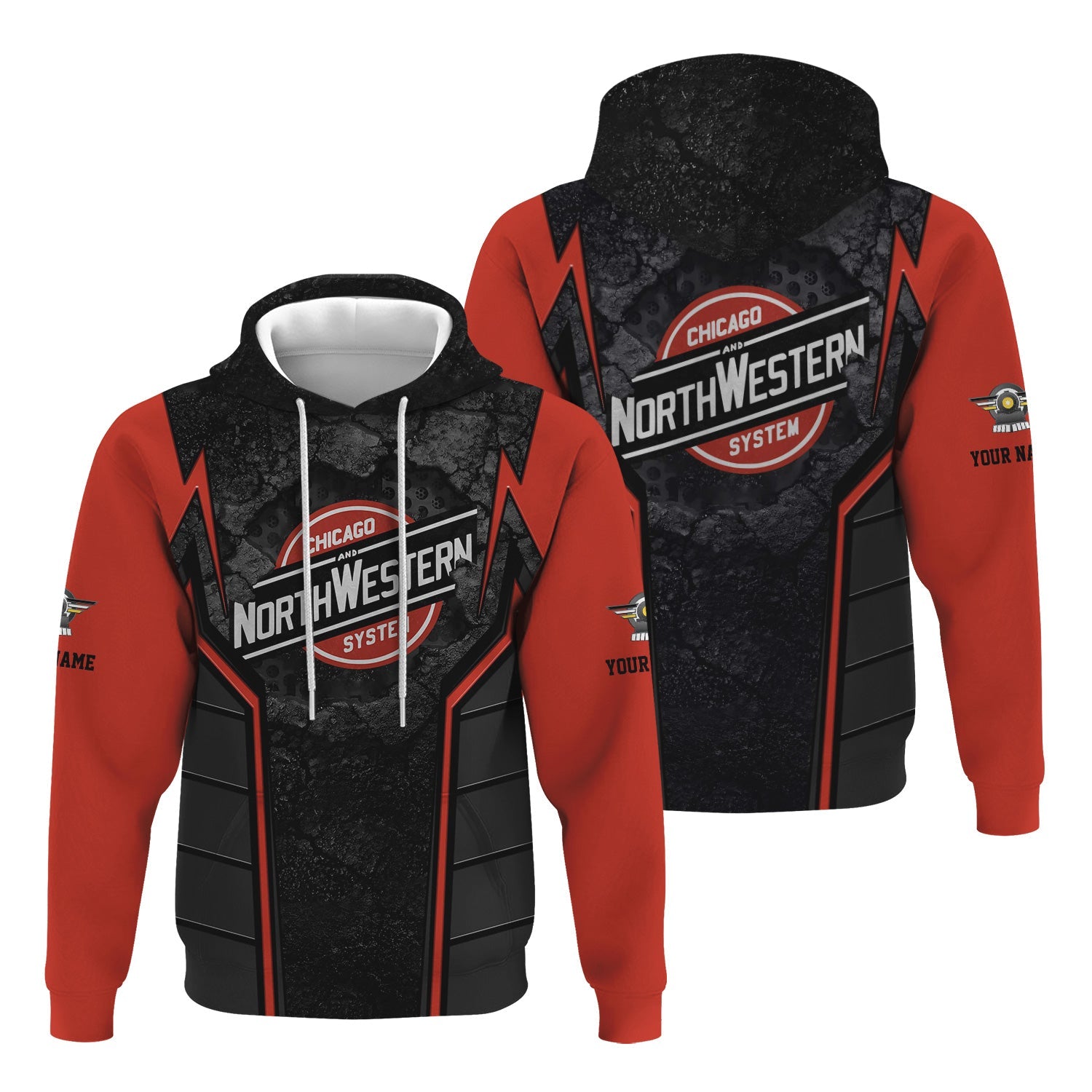 Railspirit Personalized Chicago and North Western Railway Hoodie Cracked Metal Design Train Zip Up Hoodie for Rail Enthusiasts