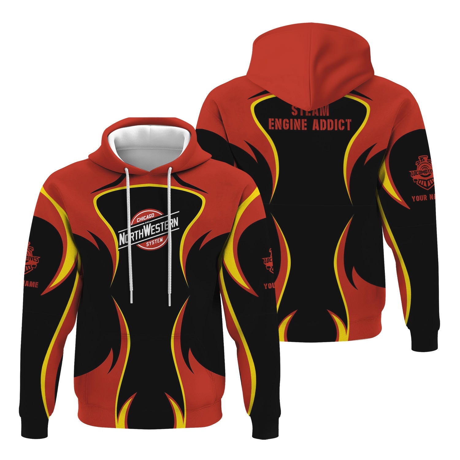 Railspirit Personalized Chicago and North Western Railway Hoodie Distinctive Flame Style Zip Up Hoodie For Steam Engine Addict