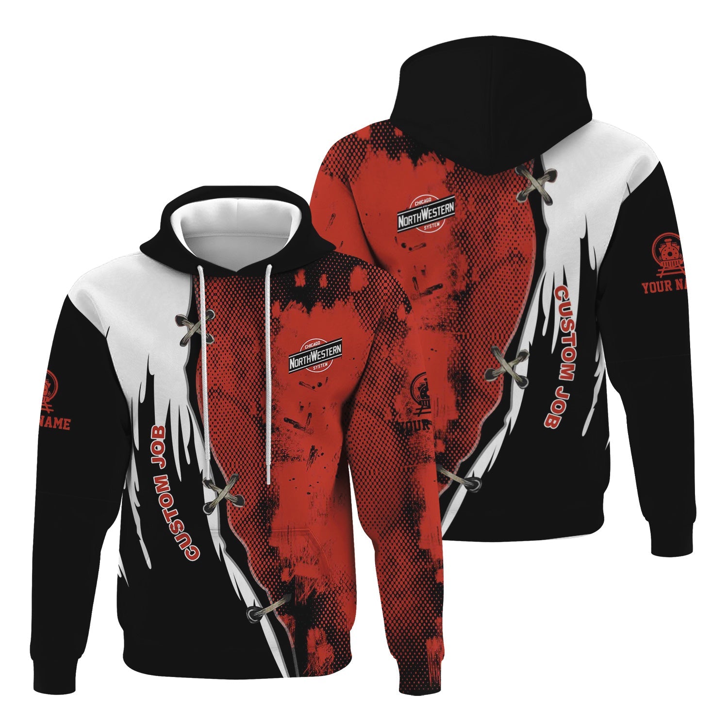 Railspirit Personalized Chicago and North Western Railway Hoodie Retro Stitches Design with Custom Position Train Zip Up Hoodie