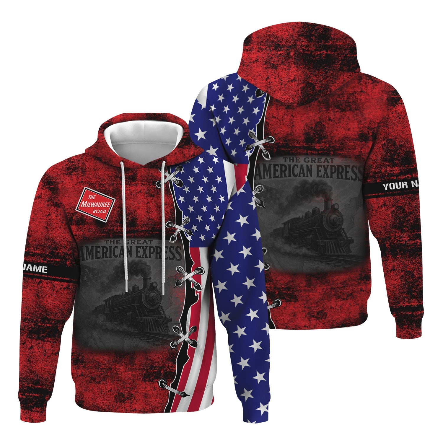 Railspirit Personalized Chicago, Milwaukee, St. Paul and Pacific Railroad Hoodie Retro American Express Train USA Flag Milwaukee Road Zip Up Hoodie