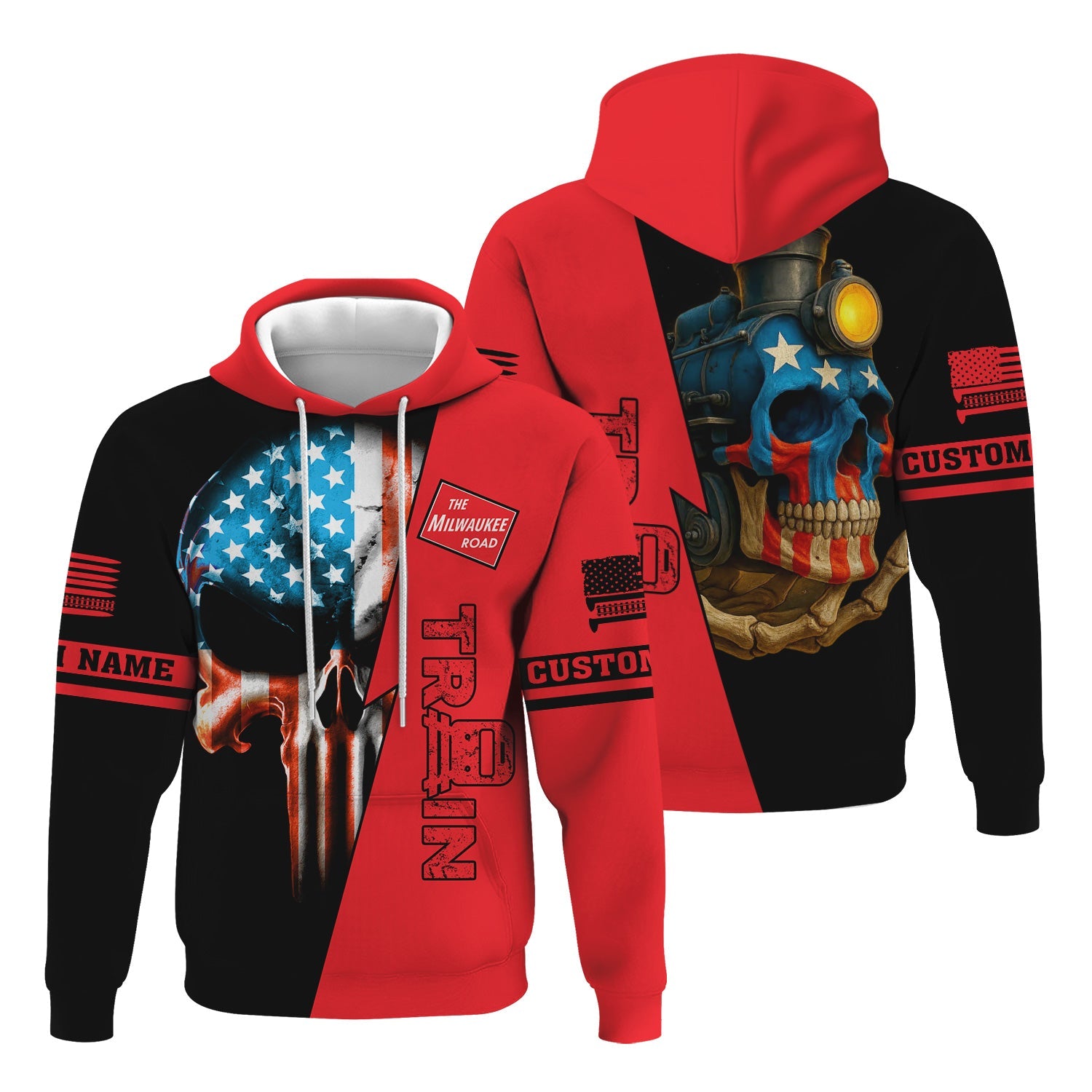 Railspirit Personalized Chicago, Milwaukee, St.Paul and Pacific Railroad Hoodie Train Skull American Flag Milwaukee Road Zip Up Hoodie All Over Print