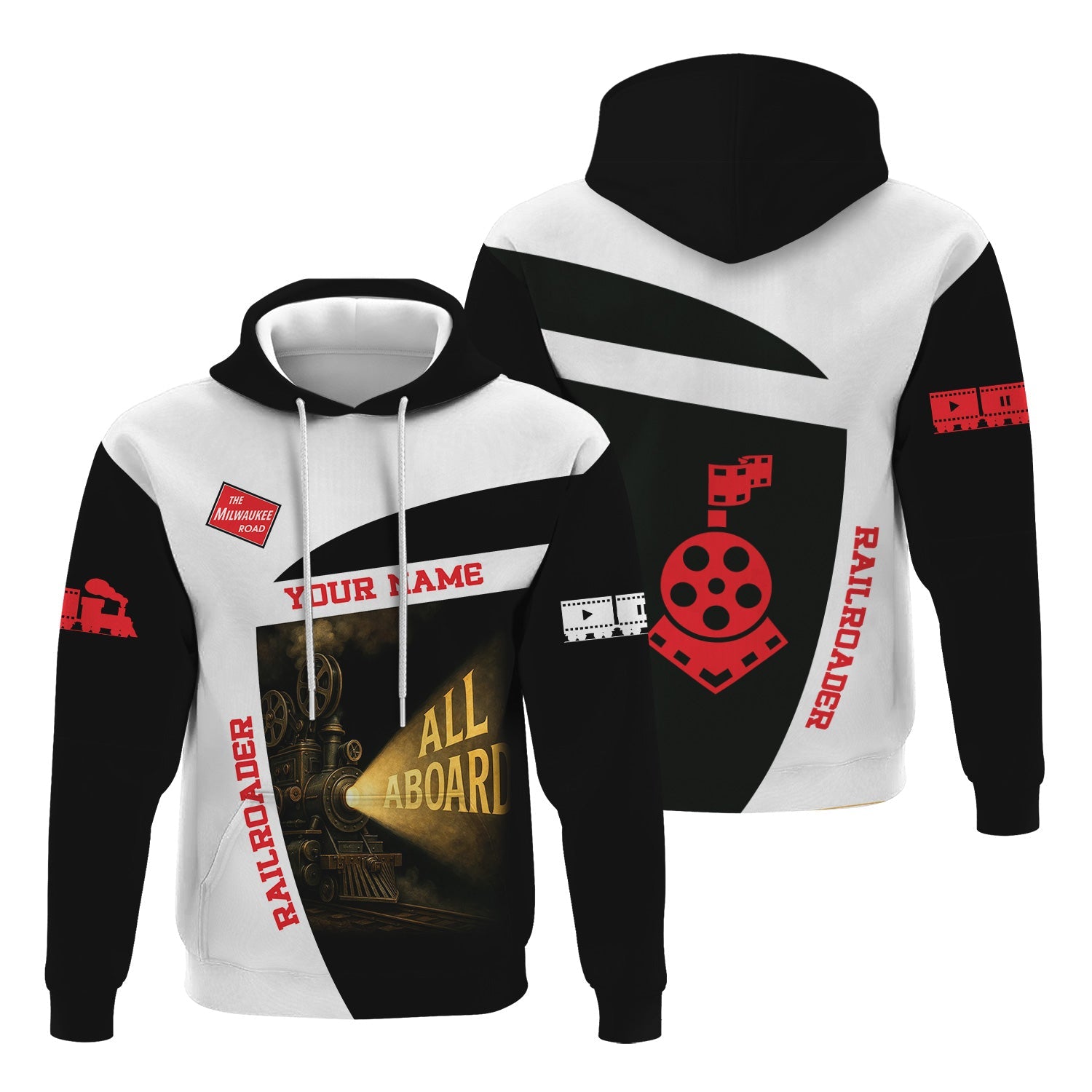 Railspirit Personalized Chicago, Milwaukee, St. Paul and Pacific Railroad Hoodie All Aboard Steam Train Movie Projector Style Milwaukee Road Zip Up Hoodie