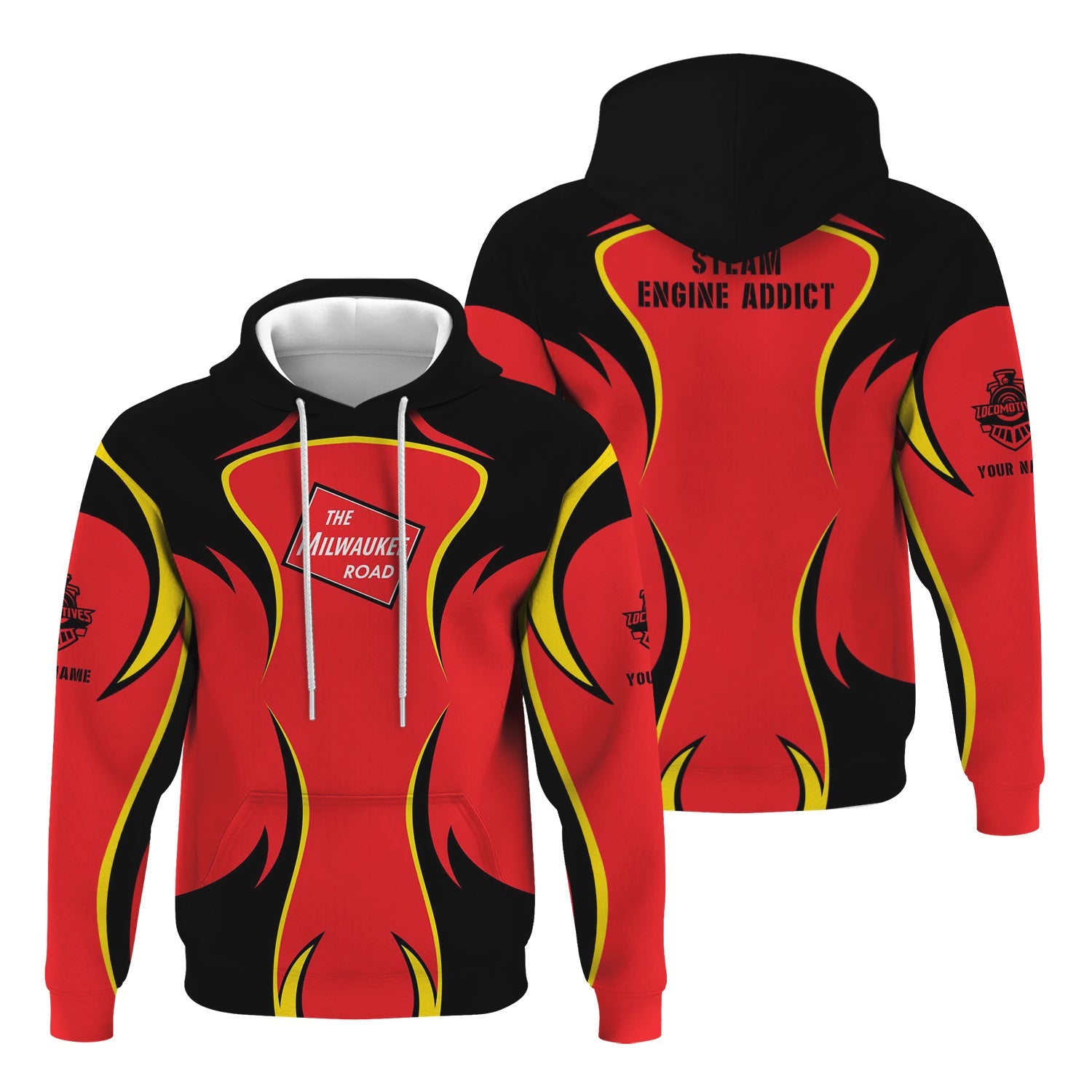 Railspirit Personalized Chicago, Milwaukee, St. Paul and Pacific Railroad Hoodie Distinctive Flame Style Zip Up Hoodie For Steam Engine Addict