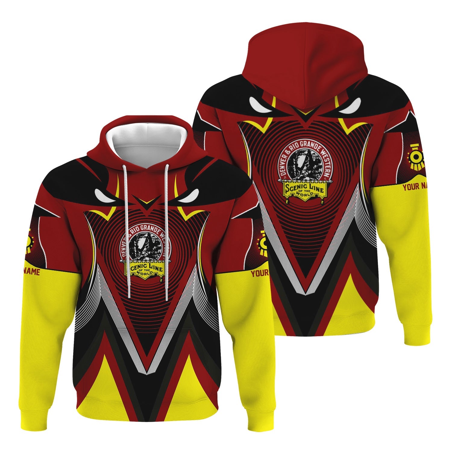 Railspirit Personalized Denver and Rio Grande Western Railroad Hoodie Vibrant Graphic Pattern Zip Up Hoodie For Train Enthusiasts