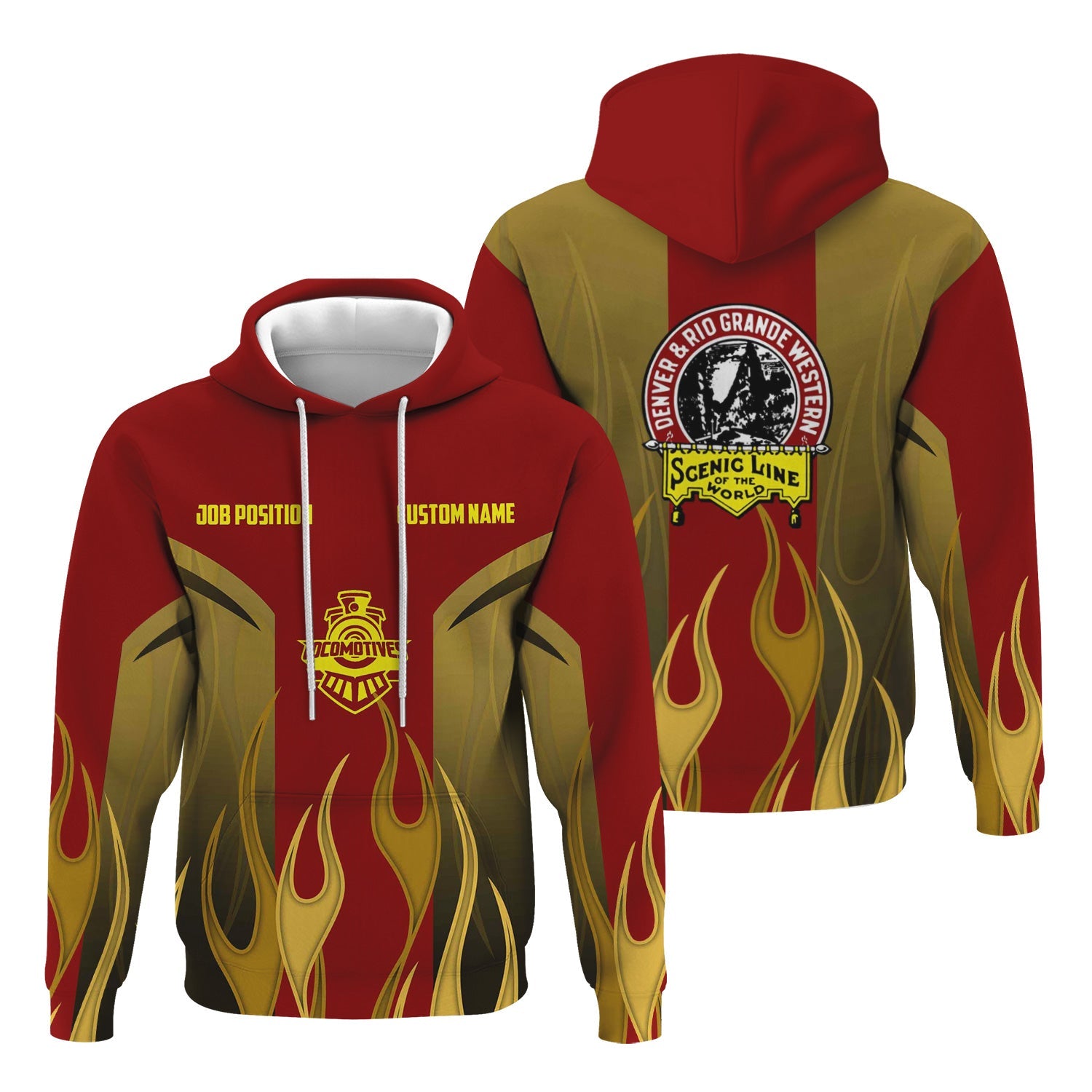 Railspirit Custom Name and Job Title Denver and Rio Grande Western Railroad Hoodie Flame Graphic Train Zip Up Hoodie 