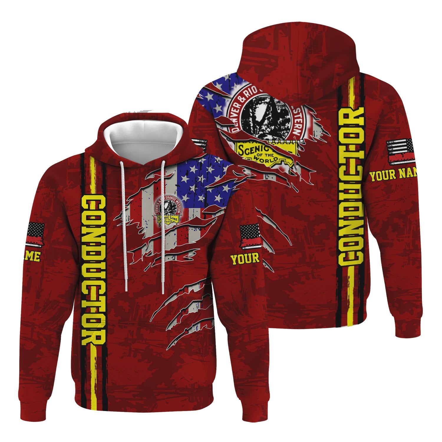 Railspirit Personalized Denver and Rio Grande Western Railroad Hoodie USA Flag Claw Art with Custom Job Train Zip Up Hoodie