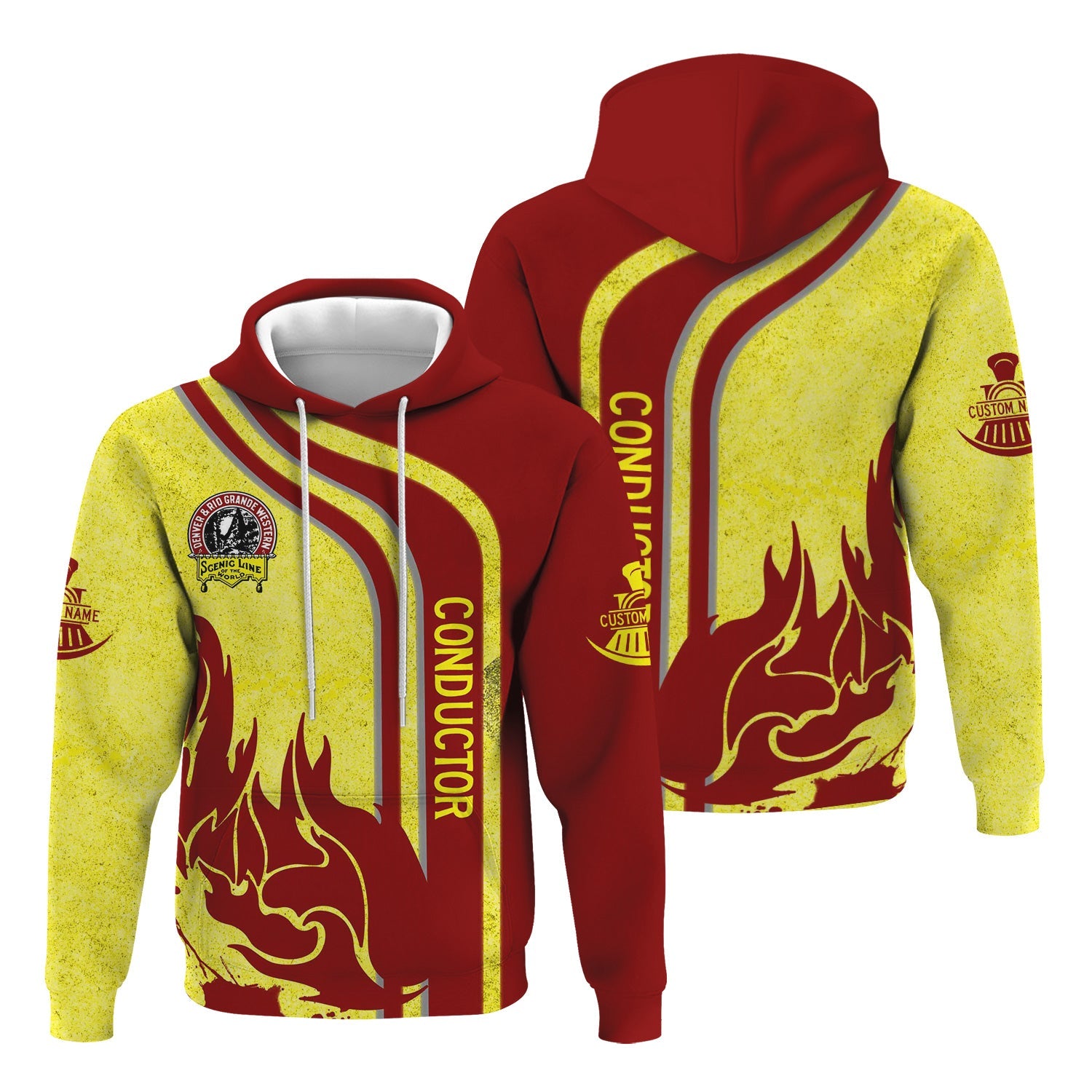 Railspirit Personalized Denver and Rio Grande Western Railroad Hoodie Flame Design with Custom Job Position Train Zip Up Hoodie