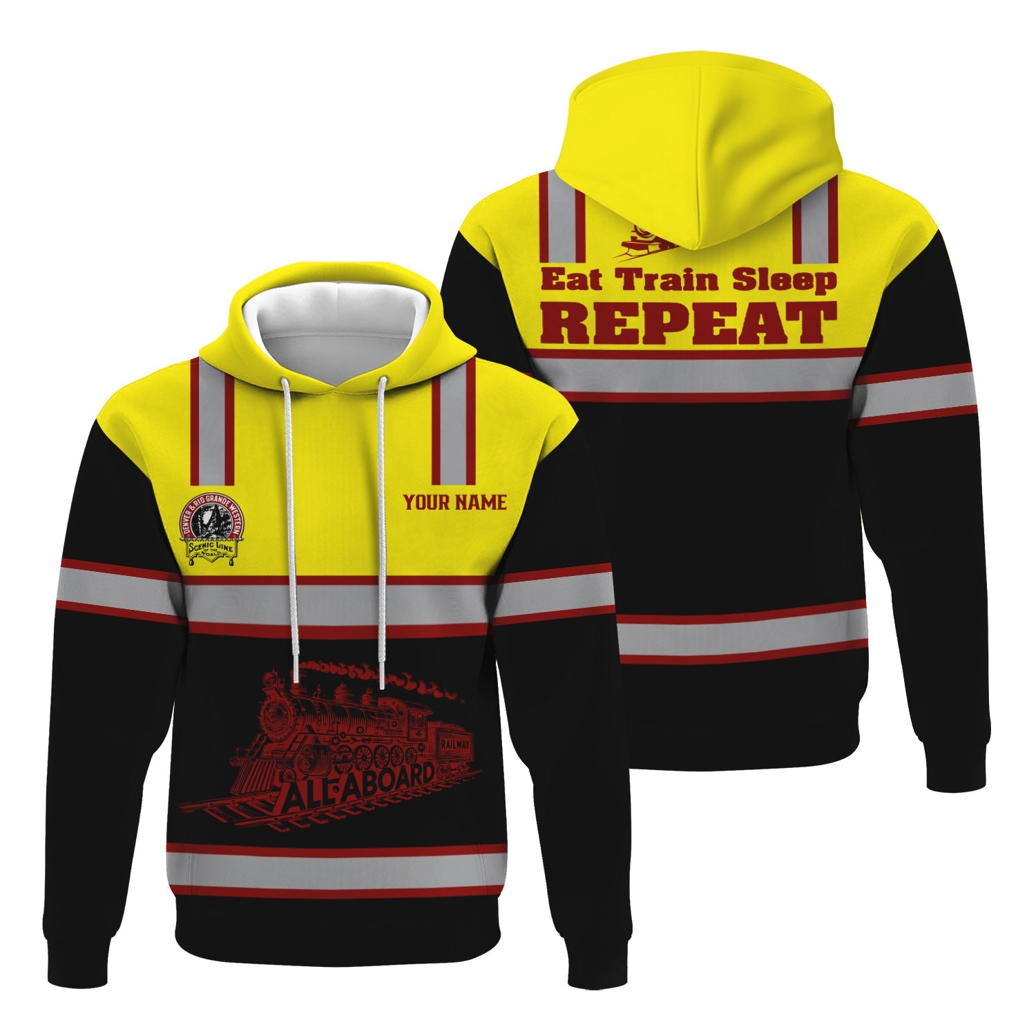 Railspirit Custom Name Denver and Rio Grande Western Railroad Hoodie Eat Train Sleep Repeat Printed Train Zip Hoodie