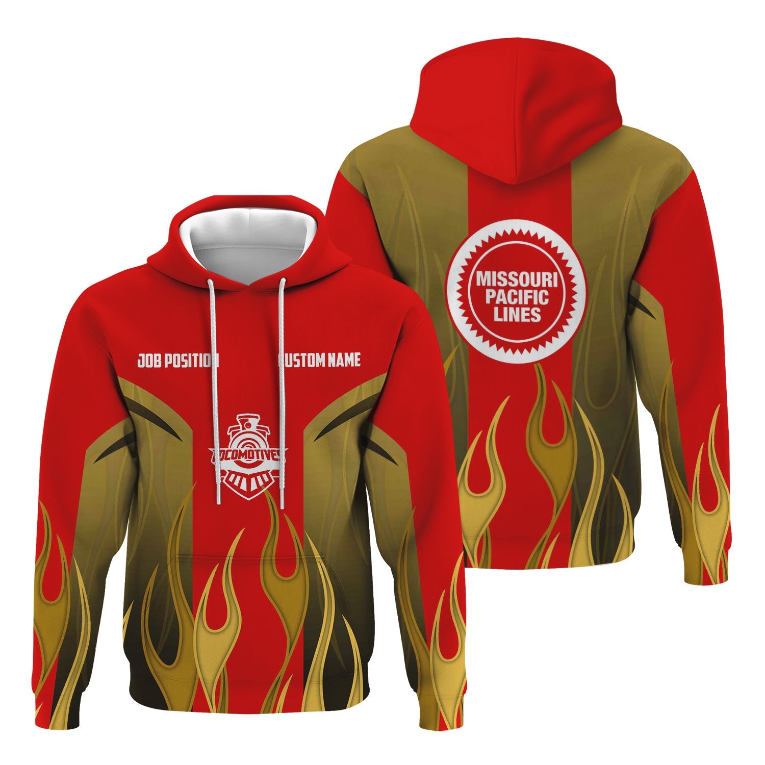Railspirit Custom Name and Job Title Missouri Pacific Railroad Hoodie Flame Graphic Train Zip Up Hoodie 