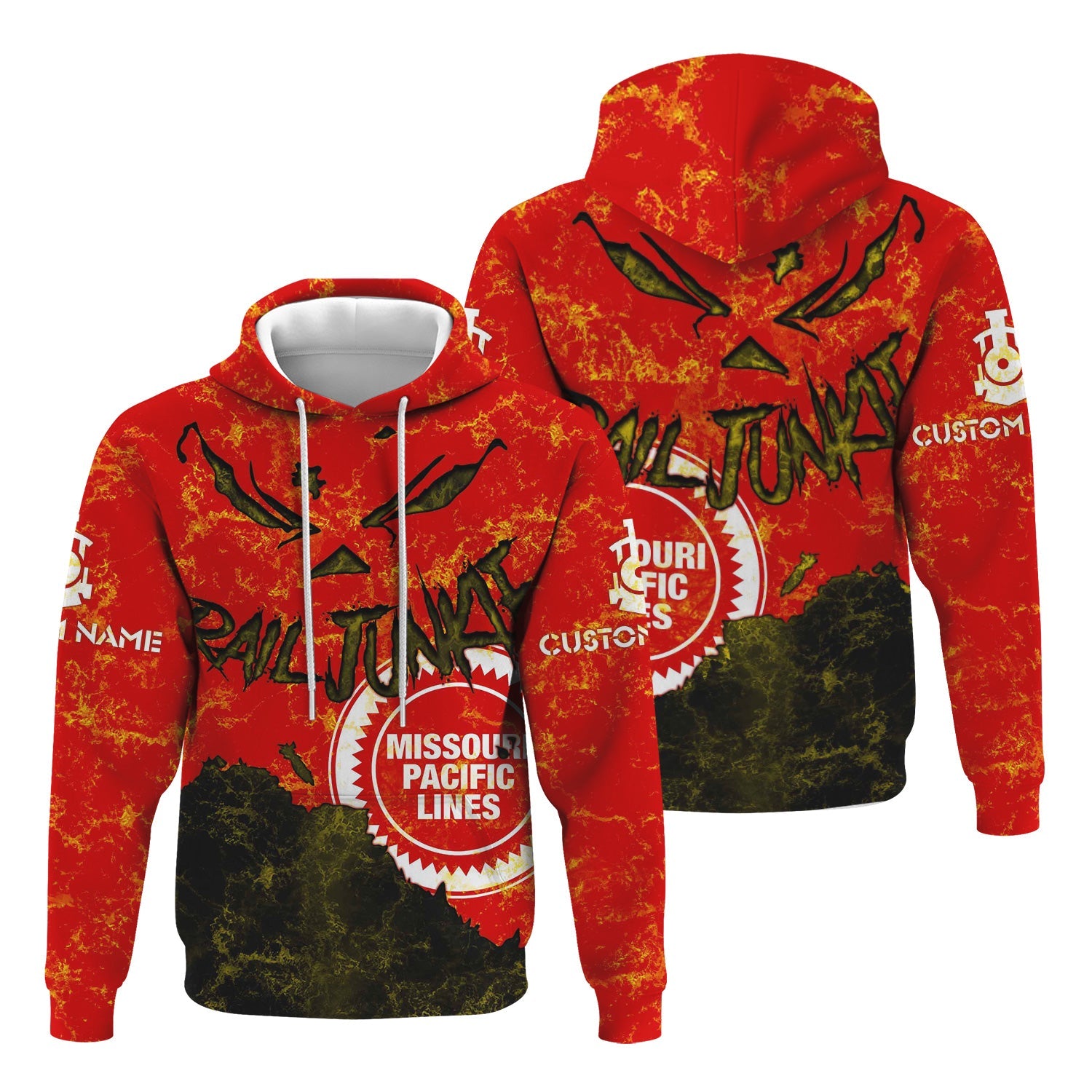 Railspirit Personalized Missouri Pacific Railroad Hoodie Torn Graphic Style Train Zip Up Hoodie For Rail Junkie