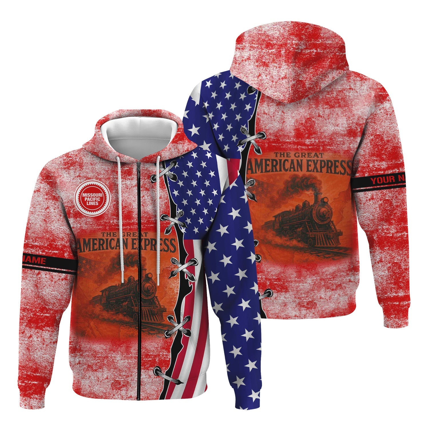 Railspirit Personalized Missouri Pacific Railroad Hoodie Retro American Express Train With USA Flag Zip Up Hoodie