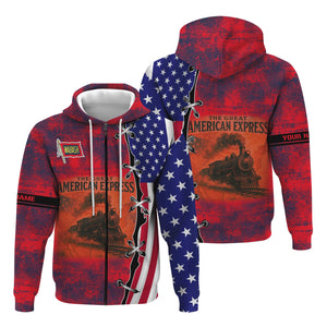 Railspirit Personalized Wabash Railroad Hoodie Retro American Express Train With USA Flag Zip Up Hoodie