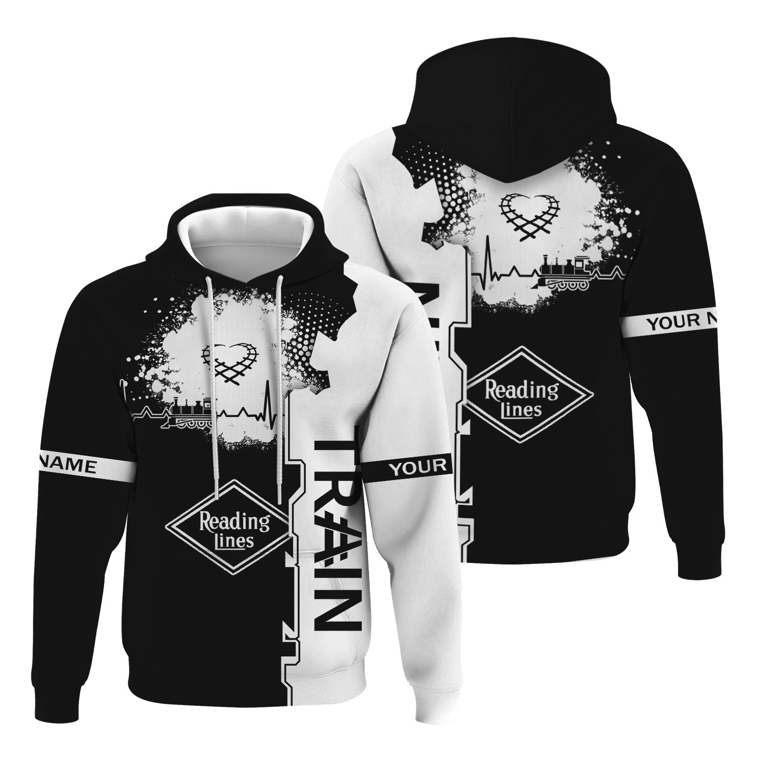 Railspirit Personalized Reading Railroad Hoodie Engine Heartbeat and Track Love Style Zip Up Hoodie Gift Idea For Train Lovers