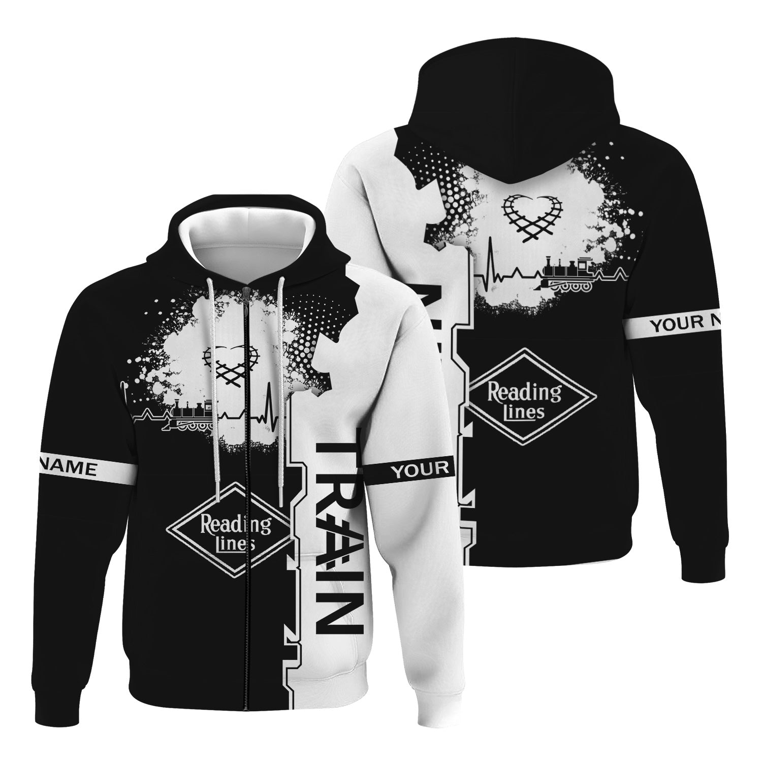 Railspirit Personalized Reading Railroad Hoodie Engine Heartbeat and Track Love Style Zip Up Hoodie Gift Idea For Train Lovers