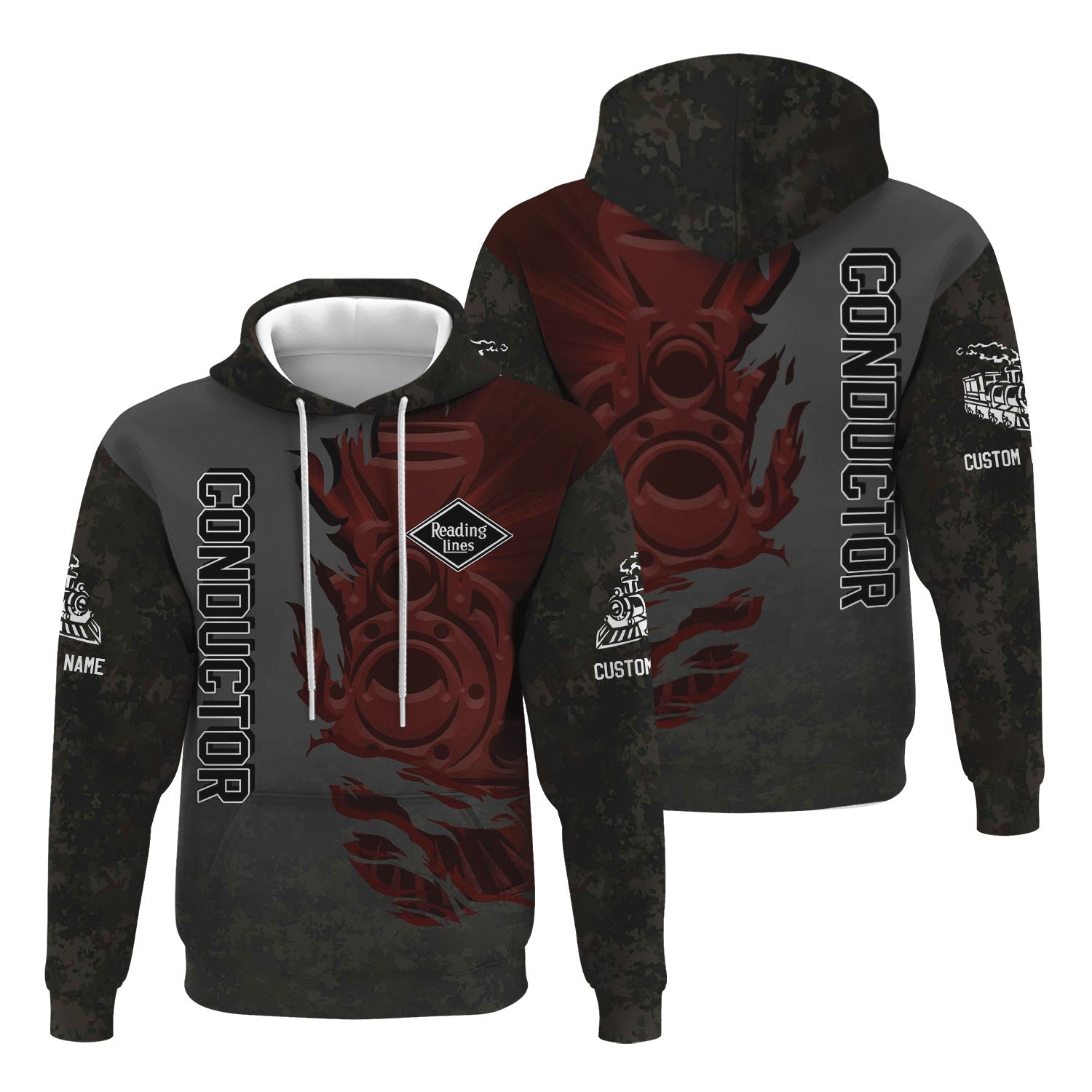 Railspirit Personalized Reading Railroad Hoodie Blazing Style with Custom Position Train Zip Up Hoodie